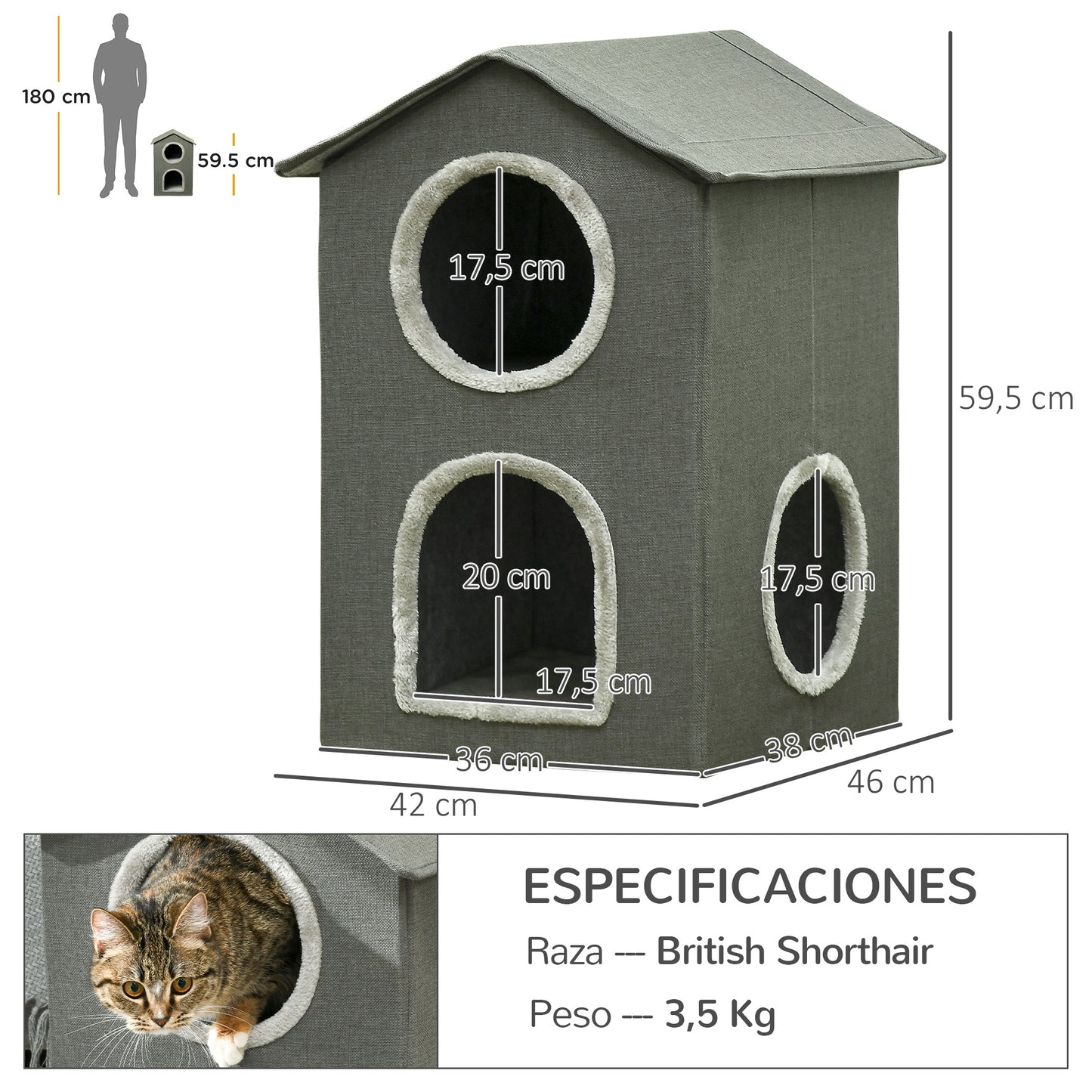 PawHut Casa para Gatos Cama para Gatos Cueva para Gatos con 3 Puertas y Cojín Lavable 42x46x59,5 cm Gris