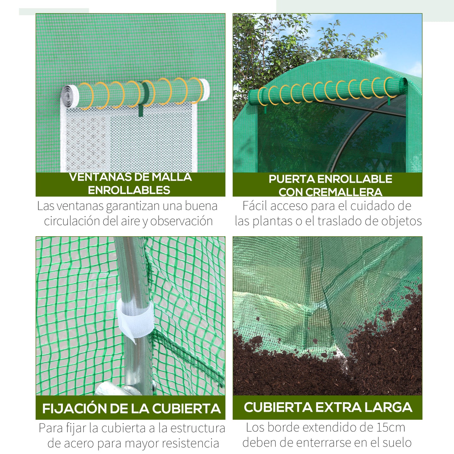 Outsunny Invernadero de Túnel 400x200x200 cm Invernadero de Jardín con Puerta Enrollable y Ventanas Múltiples Cubierta PE 140 g/m² Anti-UV Marco de Metal para Cultivo Plantas Verduras Verde