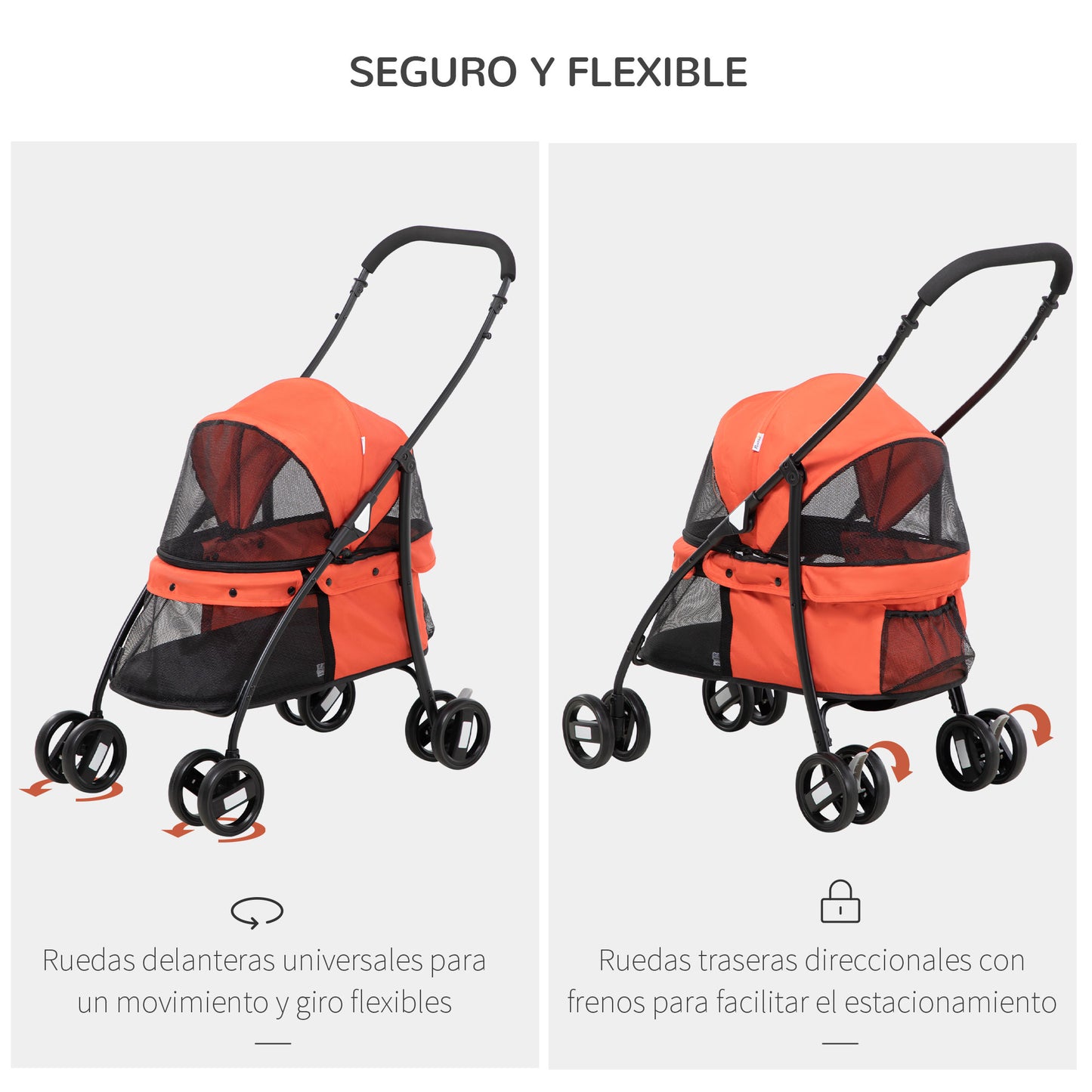 PawHut Carrito para Perros Plegable Cochecito para Mascotas Cochecito para Perros Pequeños con Ventanas de Malla Cojín Lavable Correas de Seguridad y Marco de Acero Rojo