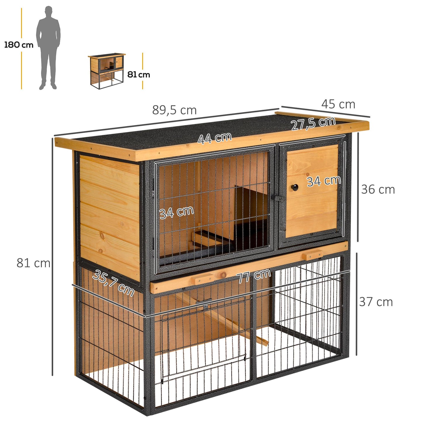 PawHut Conejera de Exterior de Madera Jaula para Mascotas Pequeñas 2 Niveles con Rampa Bandeja Extraíble Puertas con Cerraduras 89,5x45x81 cm Madera y Gris