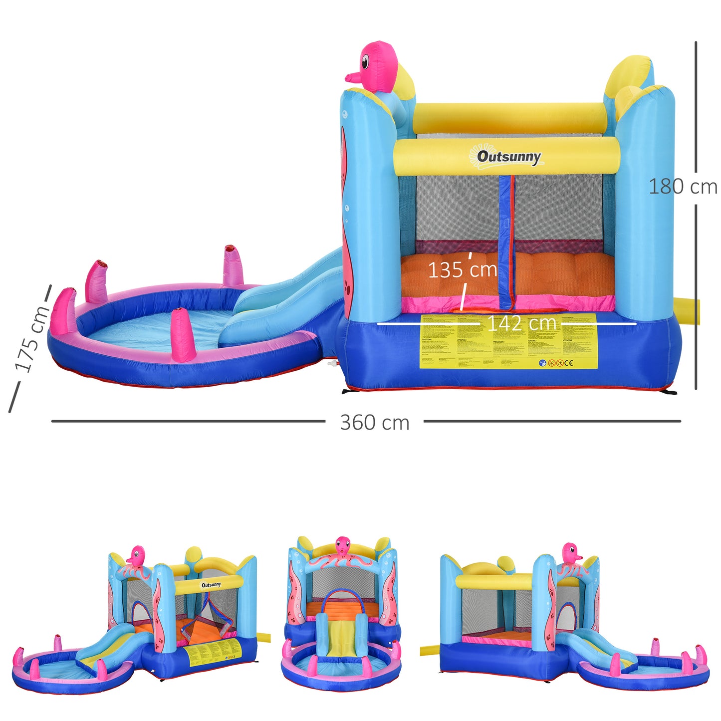 Outsunny Castillo Hinchable para Niños con Patrón de Pulpo Castillo Inflable Infantil con Tobogán Cama de Salto Piscina Inflador y Bolsa de Transporte 360x175x180 cm Multicolor