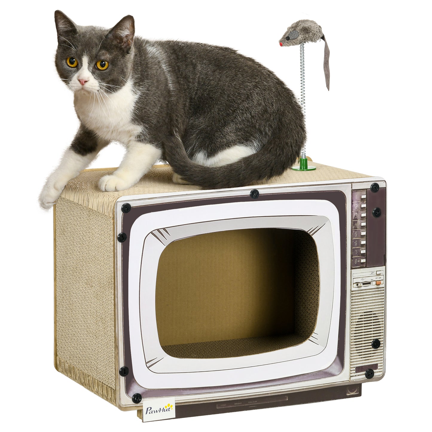 PawHut Rascador de Cartón para Gatos Tablero para Rascar en Forma de Televisor con Ratón de Juguete Centro de Actividades para Mascotas 43x23x32,5 cm Arena