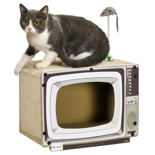 PawHut Rascador de Cartón para Gatos Tablero para Rascar en Forma de Televisor con Ratón de Juguete Centro de Actividades para Mascotas 43x23x23,5 cm Arena