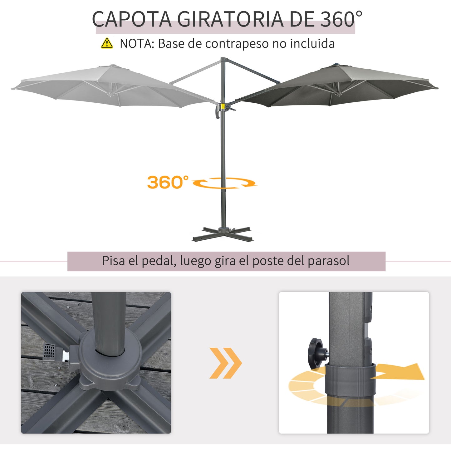Outsunny Sombrilla de Jardín Ø300x250 cm Parasol Excéntrico de Aluminio con Manivela Toldo Inclinable Giratorio 360° con Pedal y Base Cruzada Gris