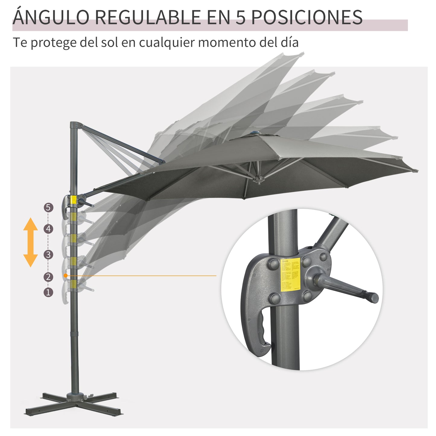 Outsunny Sombrilla de Jardín Ø300x250 cm Parasol Excéntrico de Aluminio con Manivela Toldo Inclinable Giratorio 360° con Pedal y Base Cruzada Gris