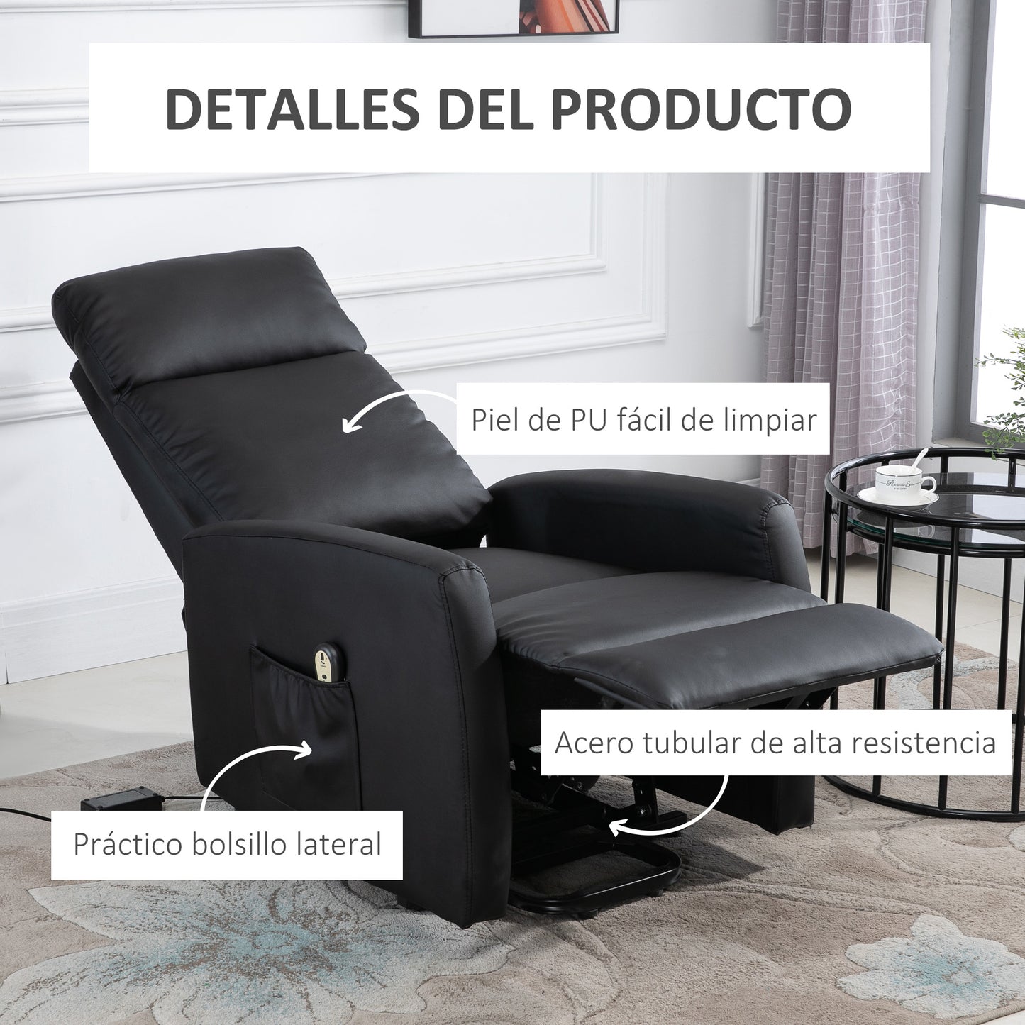 HOMCOM Sillón Levanta Personas Sillón Relax Eléctrico Sillón Elevador Reclinable 145° con Control Remoto Reposapiés para Personas Mayores 67x95x105 cm Negro