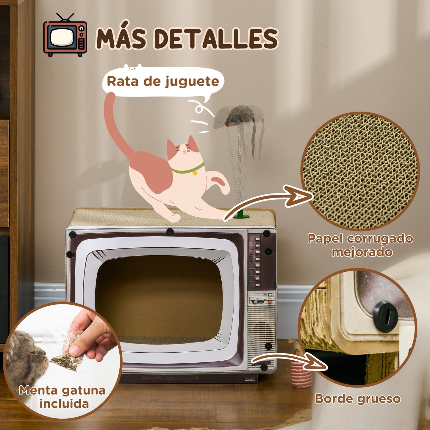 PawHut Rascador de Cartón para Gatos Tablero para Rascar en Forma de Televisor con Ratón de Juguete Centro de Actividades para Mascotas 43x23x32,5 cm Arena