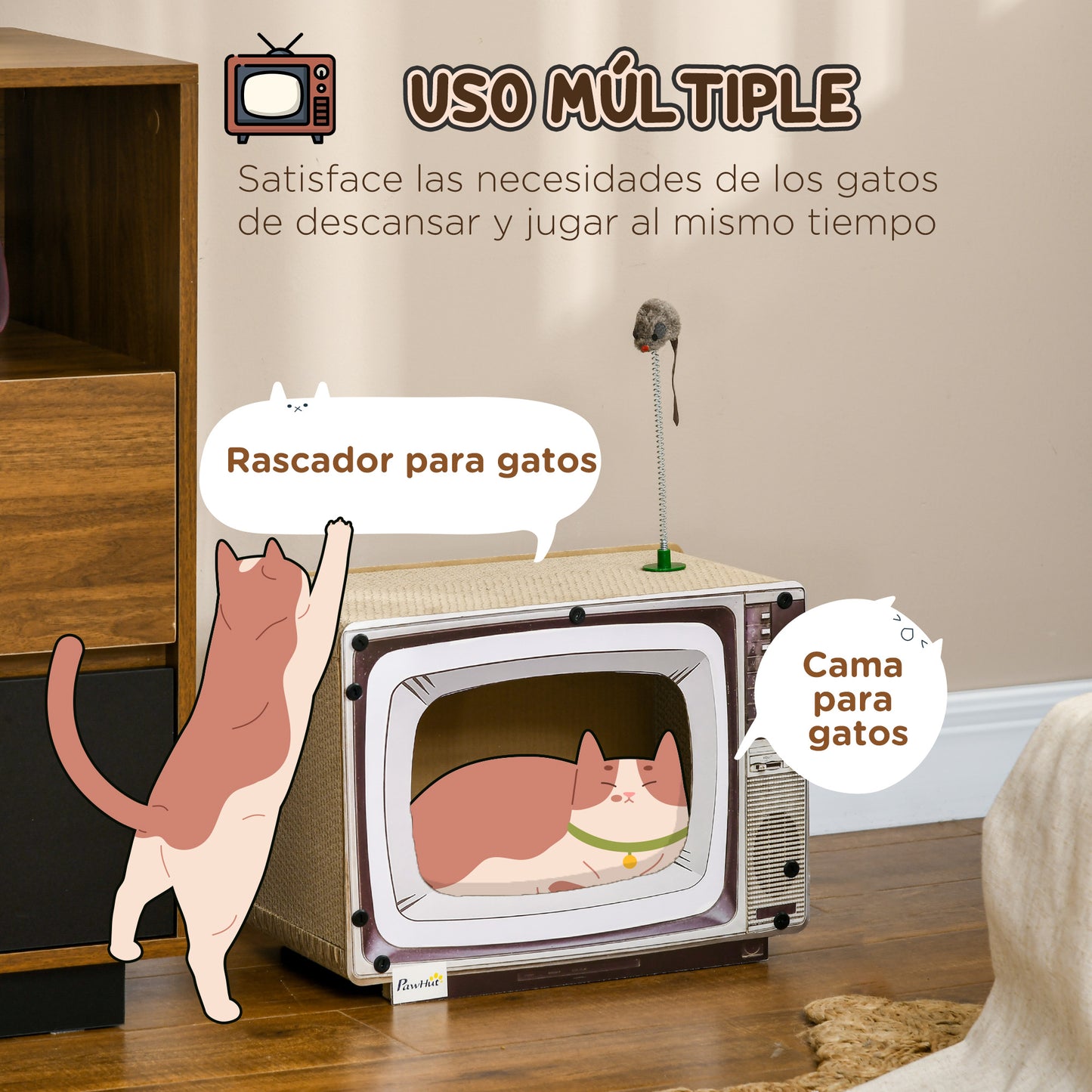 PawHut Rascador de Cartón para Gatos Tablero para Rascar en Forma de Televisor con Ratón de Juguete Centro de Actividades para Mascotas 43x23x32,5 cm Arena