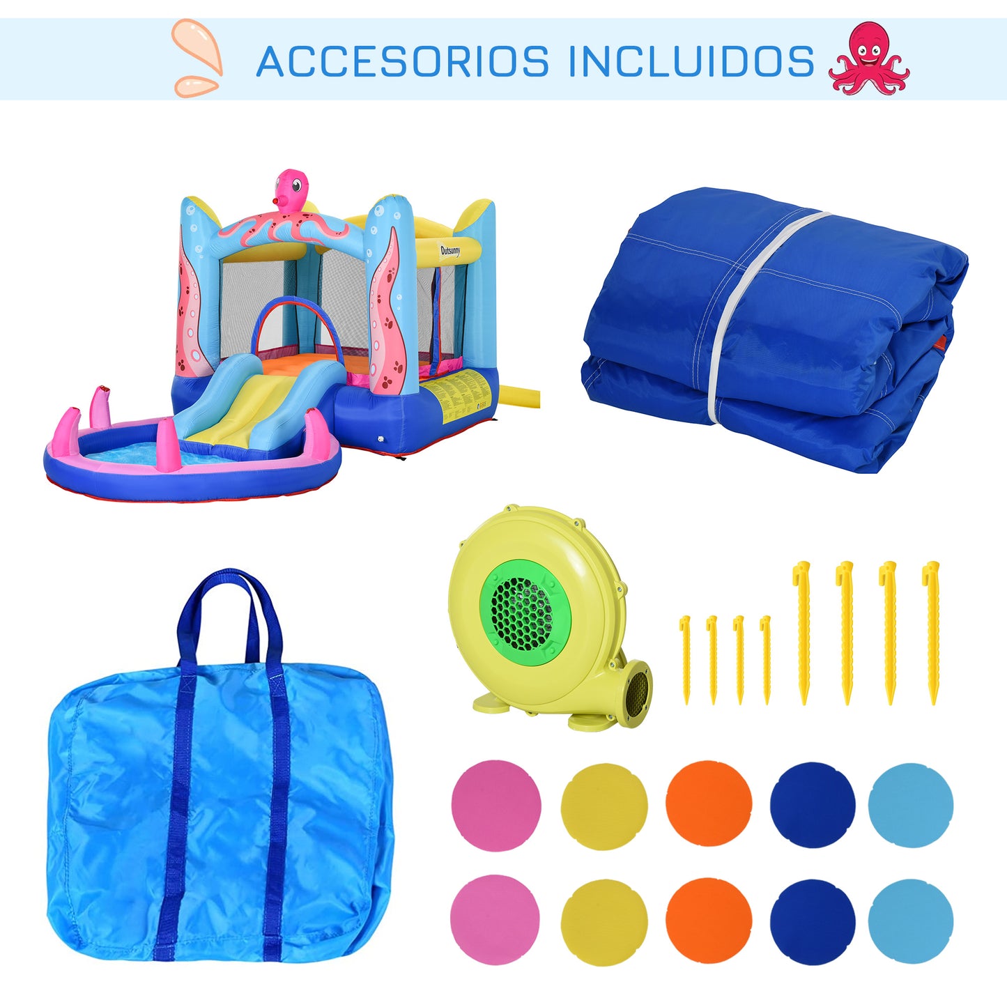 Outsunny Castillo Hinchable para Niños con Patrón de Pulpo Castillo Inflable Infantil con Tobogán Cama de Salto Piscina Inflador y Bolsa de Transporte 360x175x180 cm Multicolor