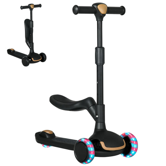 AIYAPLAY Patinete para Niños 2 en 1 Patinete Infantil Asiento Plegable con Altura Ajustable 3 Ruedas Brillantes para +18 Meses Carga 50 kg 58x31x64-79 cm Negro