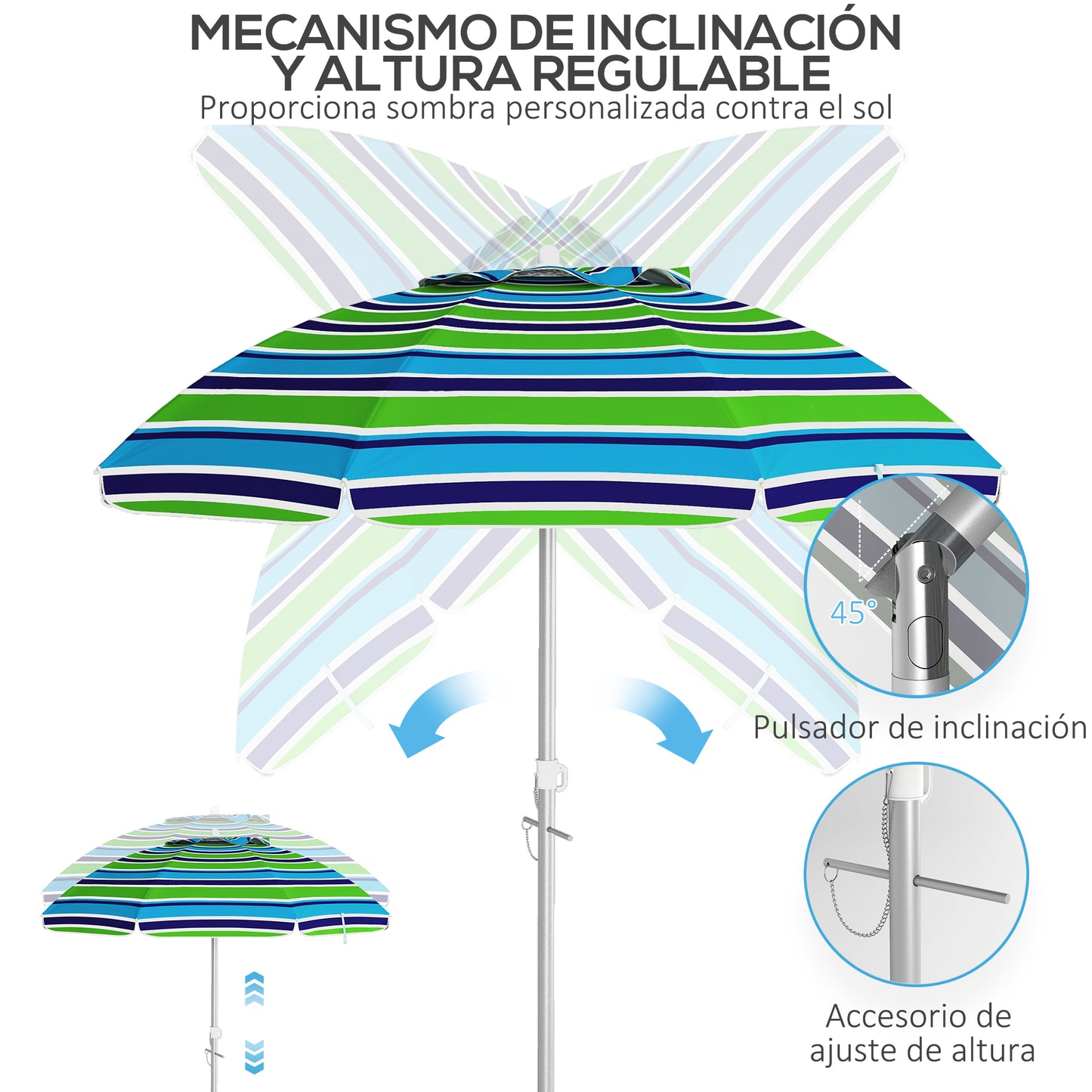 Outsunny Sombrilla de Playa Ø178x205 cm Parasol para Terraza con Reclinación 45° Altura Ajustable Apertura Manual Anti-UV Impermeable y Bolsa de Transporte para Jardín Piscina Multicolor