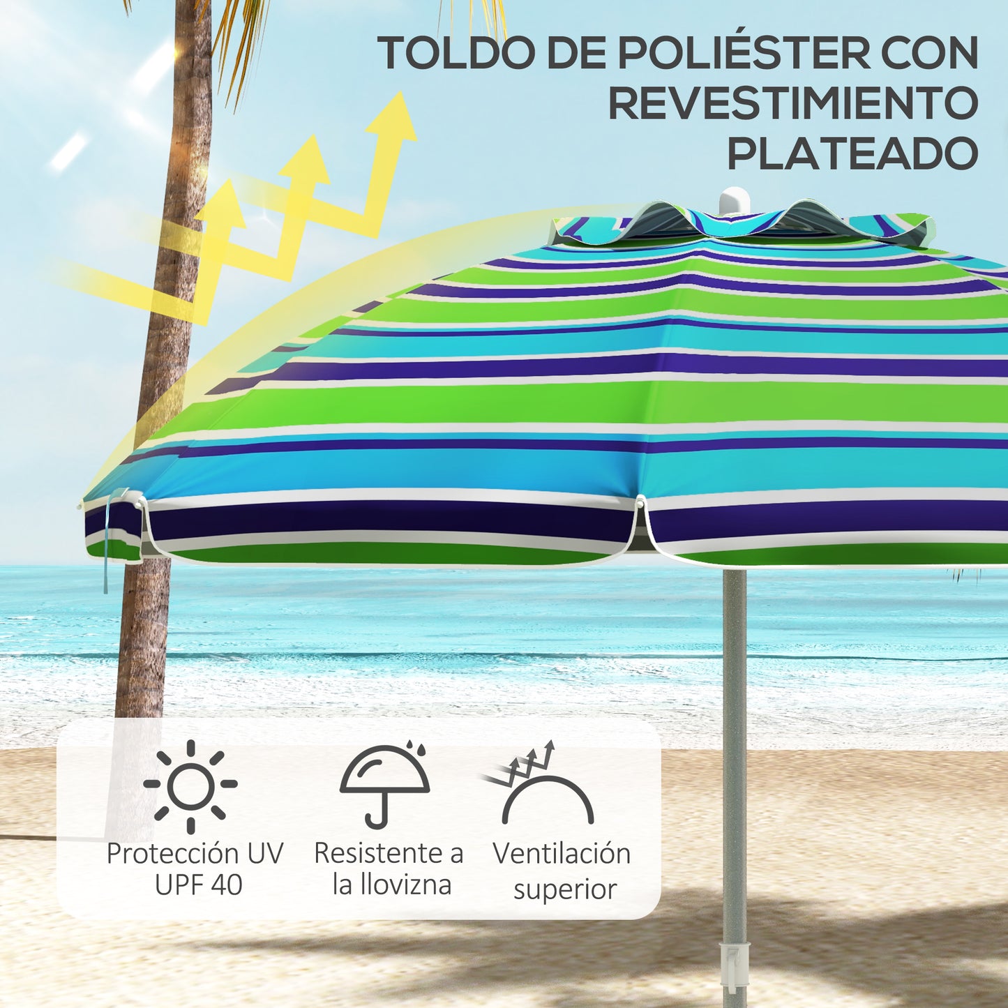 Outsunny Sombrilla de Playa Ø178x205 cm Parasol para Terraza con Reclinación 45° Altura Ajustable Apertura Manual Anti-UV Impermeable y Bolsa de Transporte para Jardín Piscina Multicolor