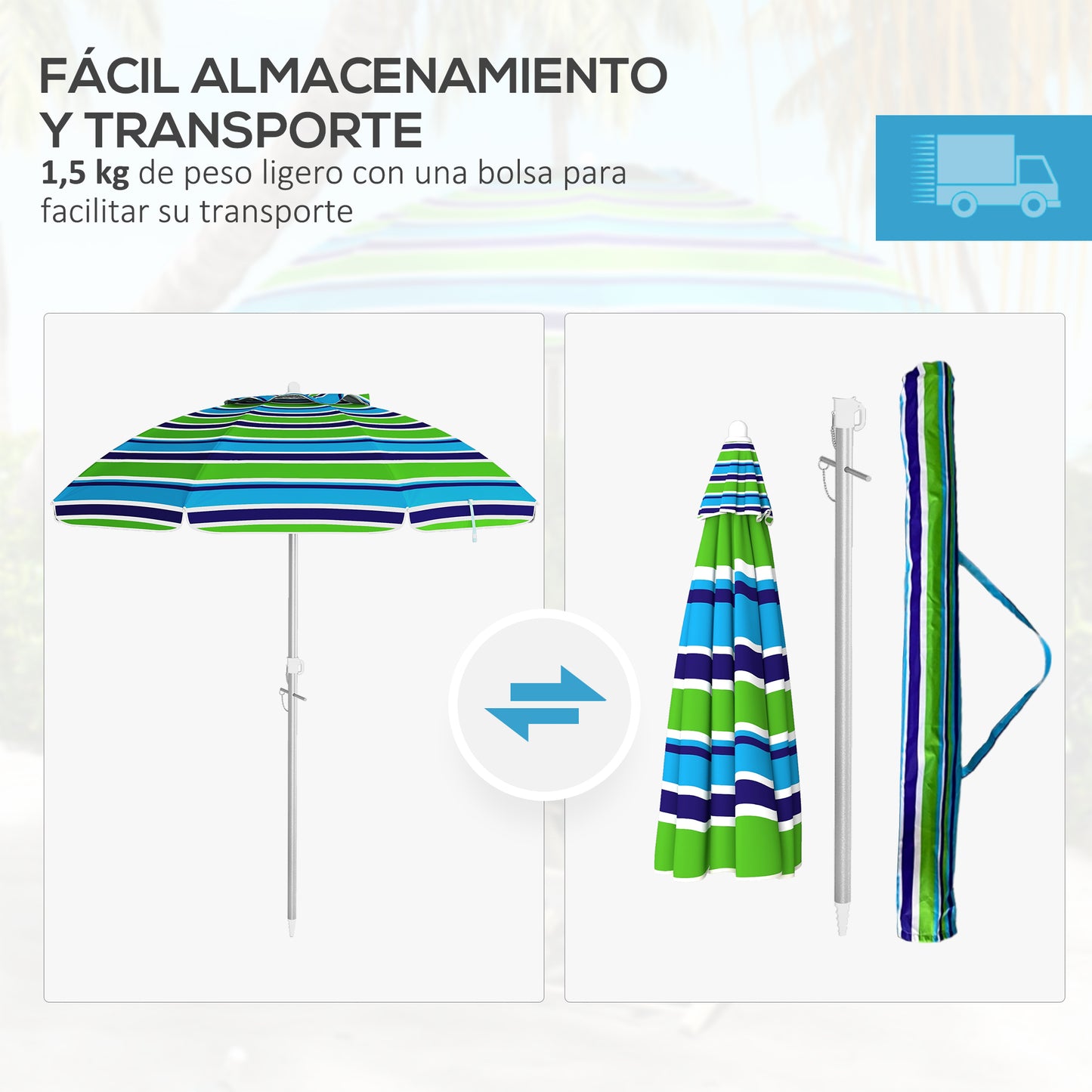 Outsunny Sombrilla de Playa Ø178x205 cm Parasol para Terraza con Reclinación 45° Altura Ajustable Apertura Manual Anti-UV Impermeable y Bolsa de Transporte para Jardín Piscina Multicolor