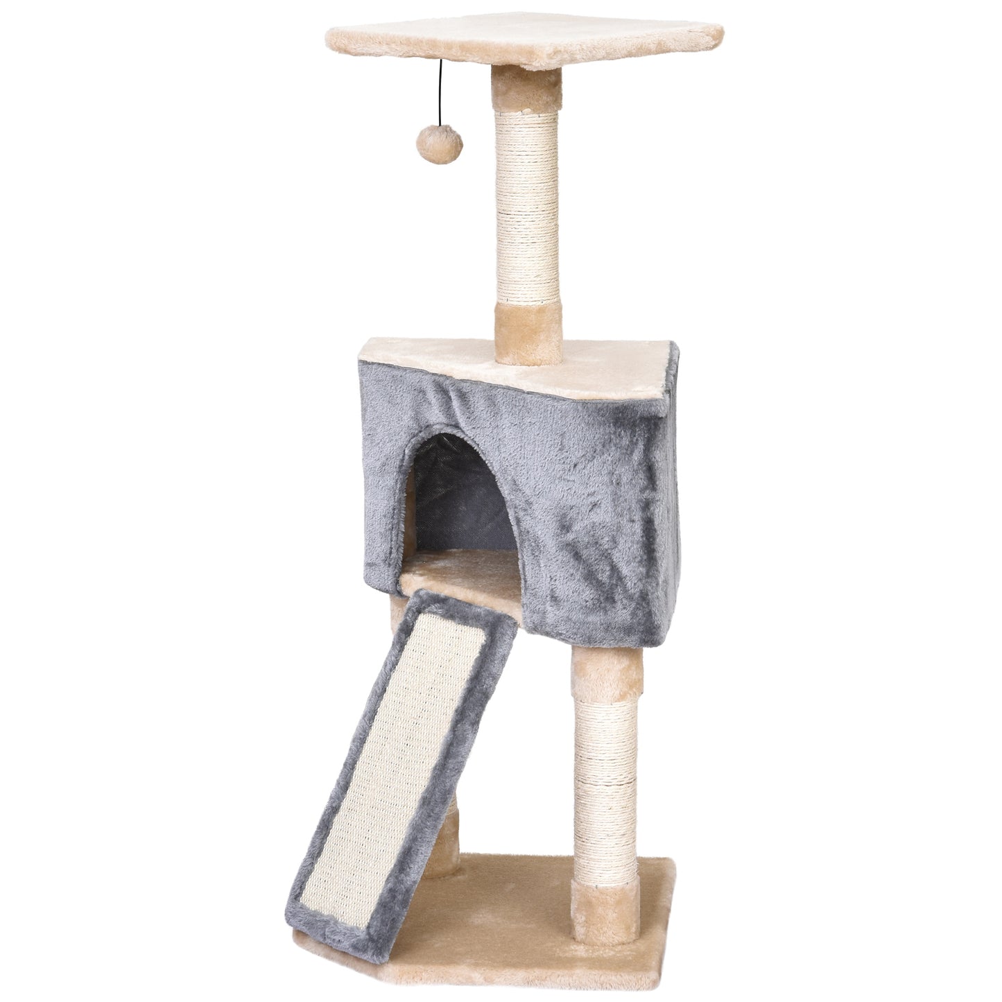 PawHut Árbol Rascador para Gatos 40x40x98 cm con Cueva Juguete Colgante Rampa Rascador y Postes Rascadores Cuerda de Sisal Gris y Beige