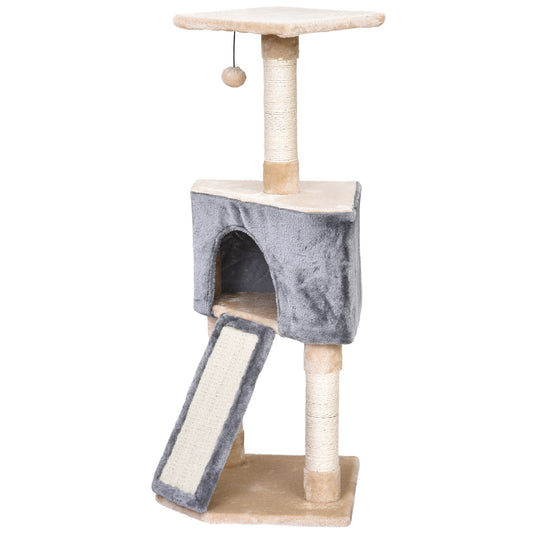 PawHut Árbol Rascador para Gatos 40x40x98 cm con Cueva Juguete Colgante Rampa Rascador y Postes Rascadores Cuerda de Sisal Gris y Beige