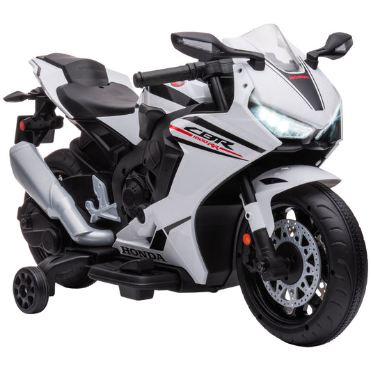 HOMCOM Moto Eléctrica con Licencia HONDA para Niños de 3-5 Años Moto a Batería 6V con Faro Bocina Música y Ruedas Auxiliares Extraíbles Carga 30 kg 90x44x52 cm Blanco