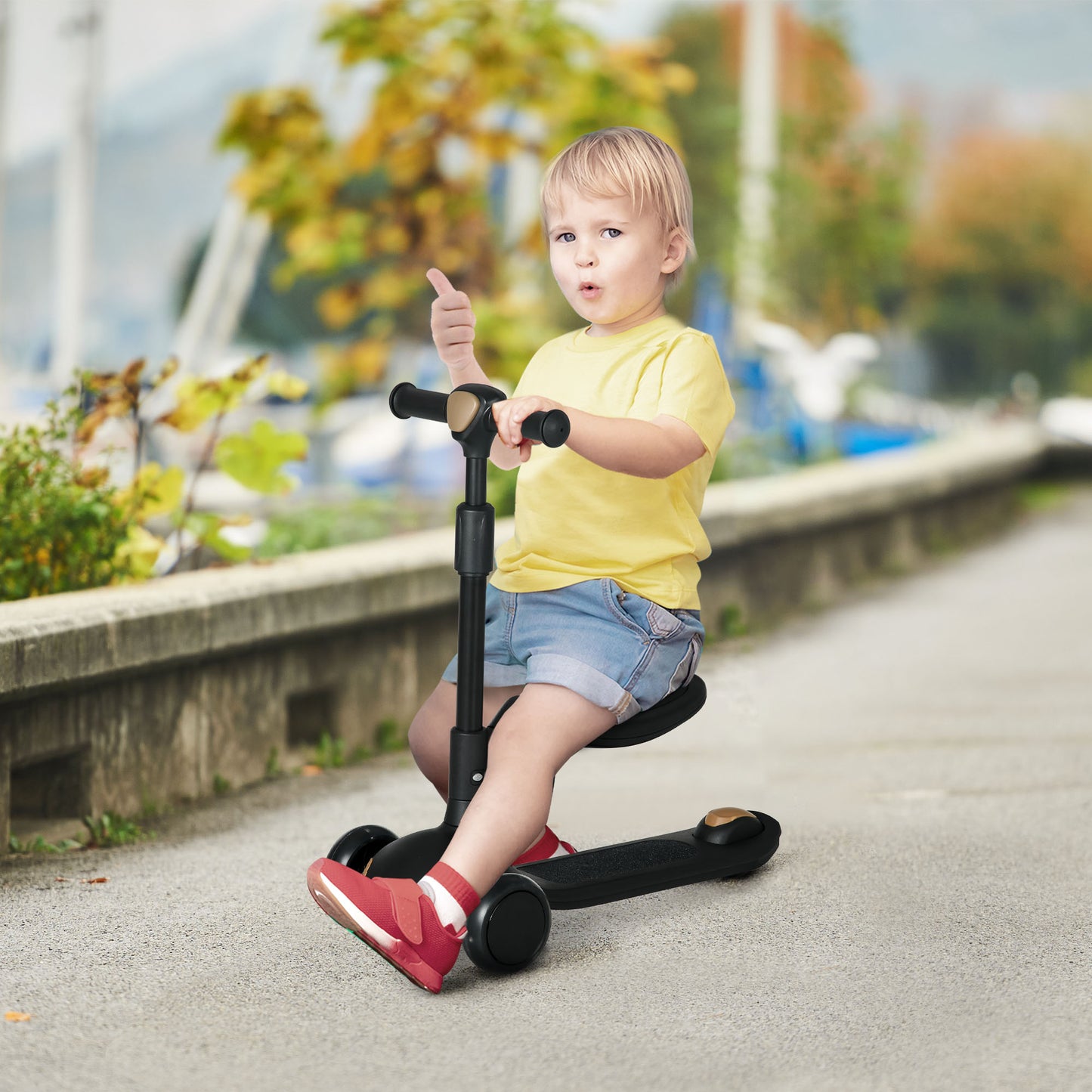 AIYAPLAY Patinete para Niños 2 en 1 Patinete Infantil Asiento Plegable con Altura Ajustable 3 Ruedas Brillantes para +18 Meses Carga 50 kg 58x31x64-79 cm Negro