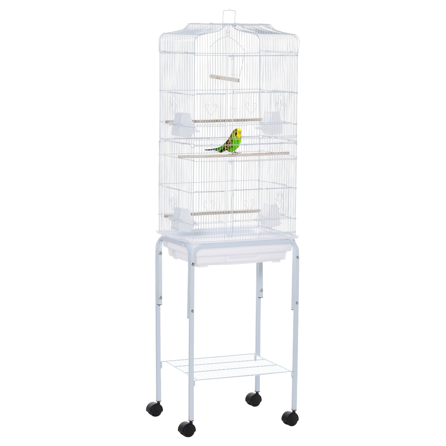 PawHut Jaula para Pájaros con Ruedas 46,5x36x157 cm Jaula Metálica de Aves con Puertas 4 Comederos 3 Perchas Bandeja Extraíble y Estante de Almacenaje para Canarios Periquitos Blanco