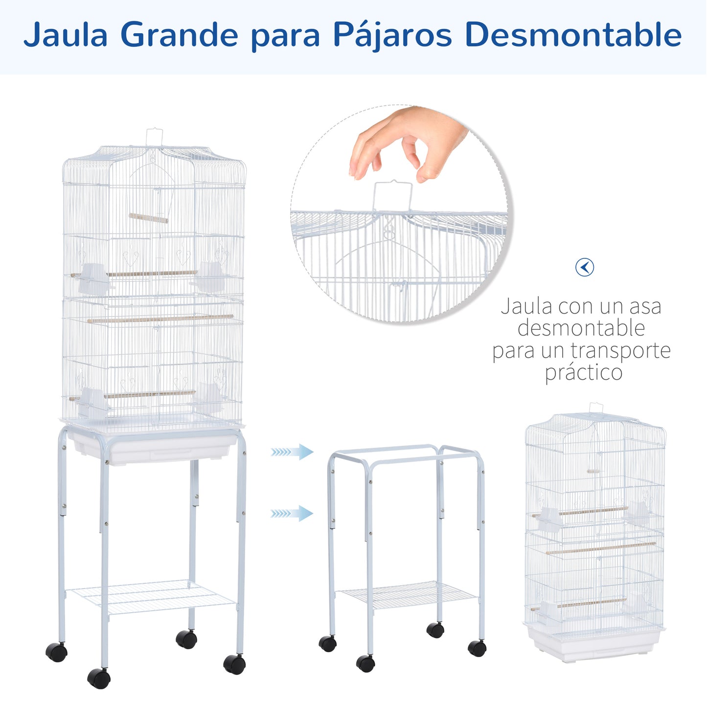 PawHut Jaula para Pájaros con Ruedas 46,5x36x157 cm Jaula Metálica de Aves con Puertas 4 Comederos 3 Perchas Bandeja Extraíble y Estante de Almacenaje para Canarios Periquitos Blanco