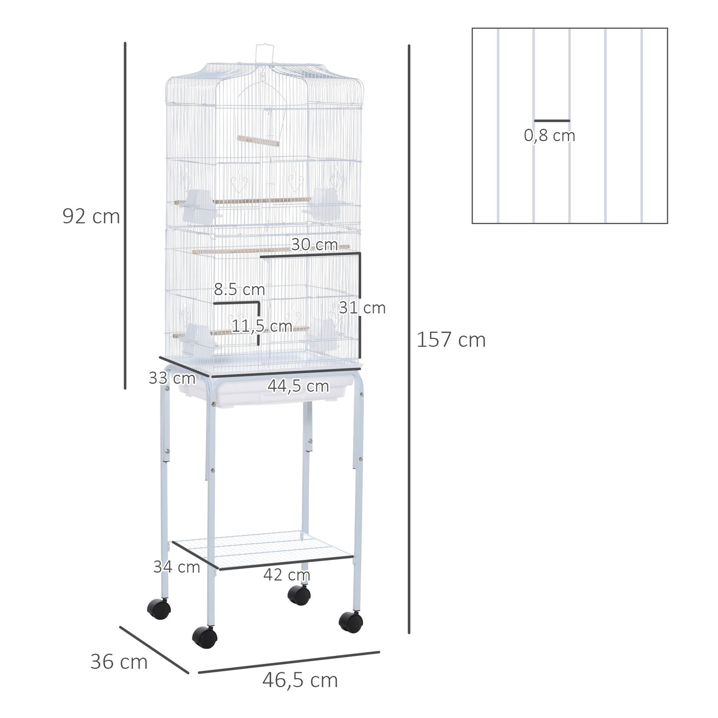 PawHut Jaula para Pájaros con Ruedas 46,5x36x157 cm Jaula Metálica de Aves con Puertas 4 Comederos 3 Perchas Bandeja Extraíble y Estante de Almacenaje para Canarios Periquitos Blanco