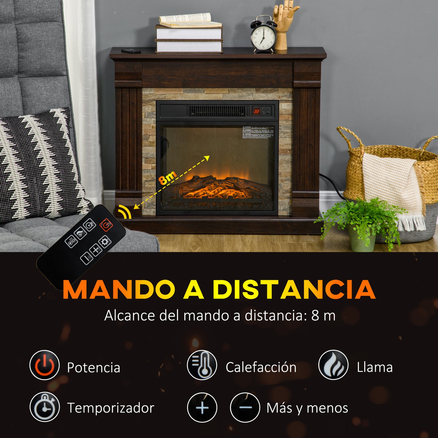 HOMCOM Chimenea Eléctrica 1800W Calentador de Chimenea con Efecto de Llama Mando a Distancia Temporizador y Protección Sobrecalentamiento para Sala 30 m² 80x21,6x67,8 cm Marrón Oscuro