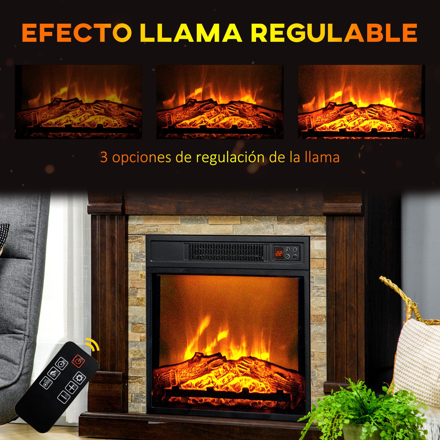 HOMCOM Chimenea Eléctrica 1800W Calentador de Chimenea con Efecto de Llama Mando a Distancia Temporizador y Protección Sobrecalentamiento para Sala 30 m² 80x21,6x67,8 cm Marrón Oscuro