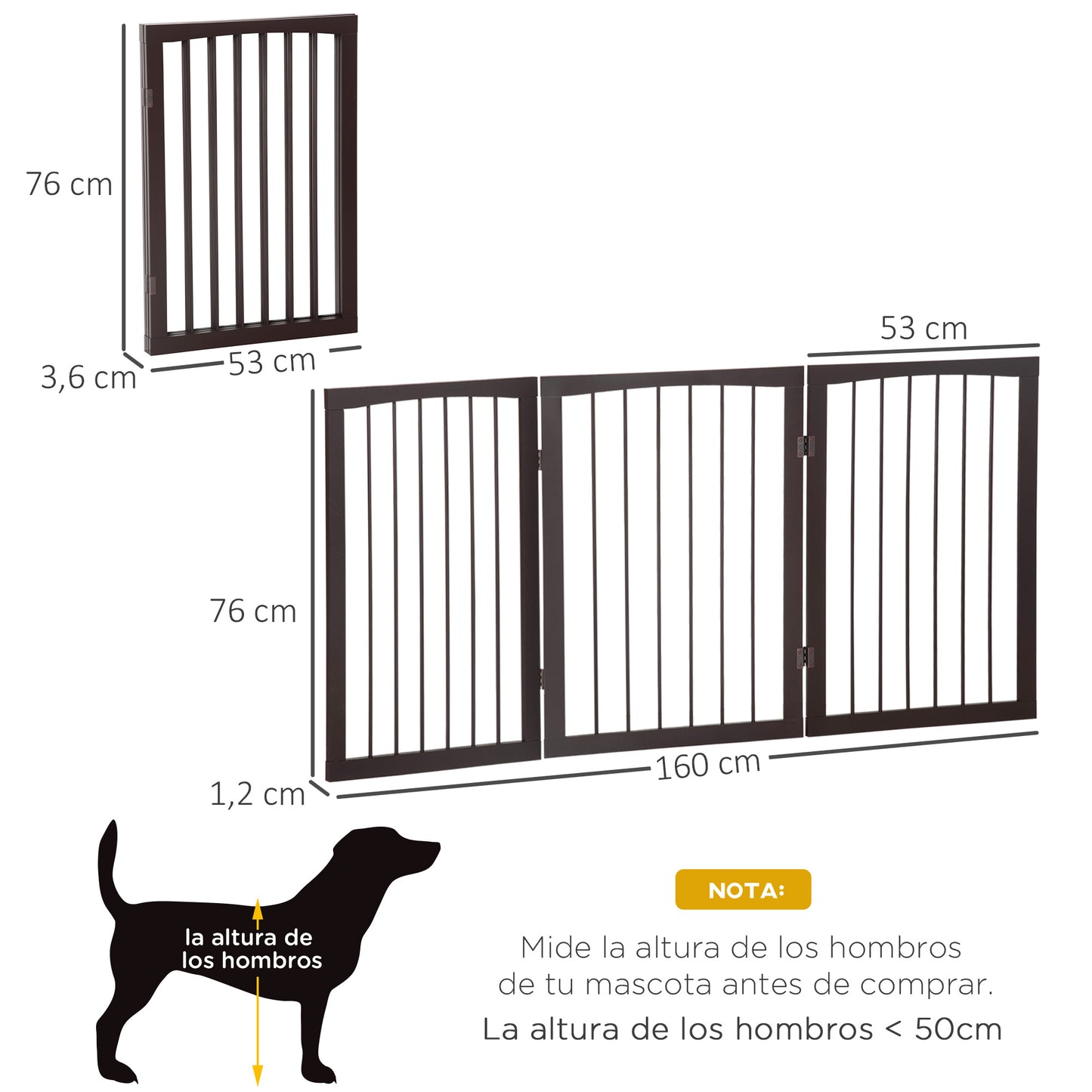 PawHut Barrera de Seguridad Plegable de 3 paneles Portátil para Mascotas Rejilla de Protección para Perros Pequeños 160x76 cm para Puertas Escaleras Pasillos Café Oscuro