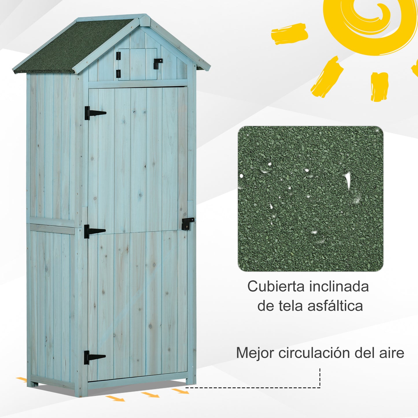 Outsunny Armario de Jardín de Madera 77x54,2x179 cm 0,3 m² Cobertizo para Almacenaje de Herramientas con 3 Estantes y 2 Puertas con Cerrojo para Patio Terraza Azul y Verde