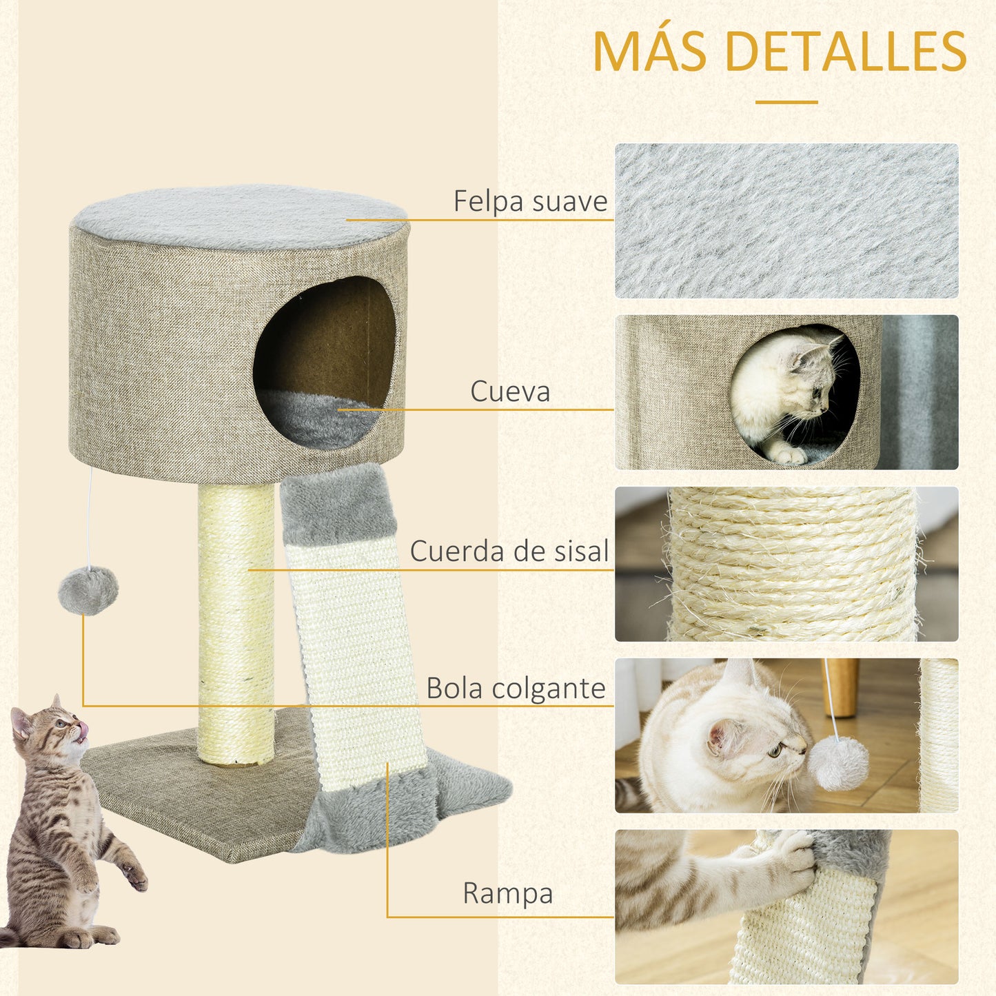 PawHut Árbol Rascador para Gatos Pequeño Altura 50 cm Torre Escalador de Gato con Cueva Rampa Poste Rascador de Sisal Natural y Bola Colgante 30x30x50 cm Beige Oscuro