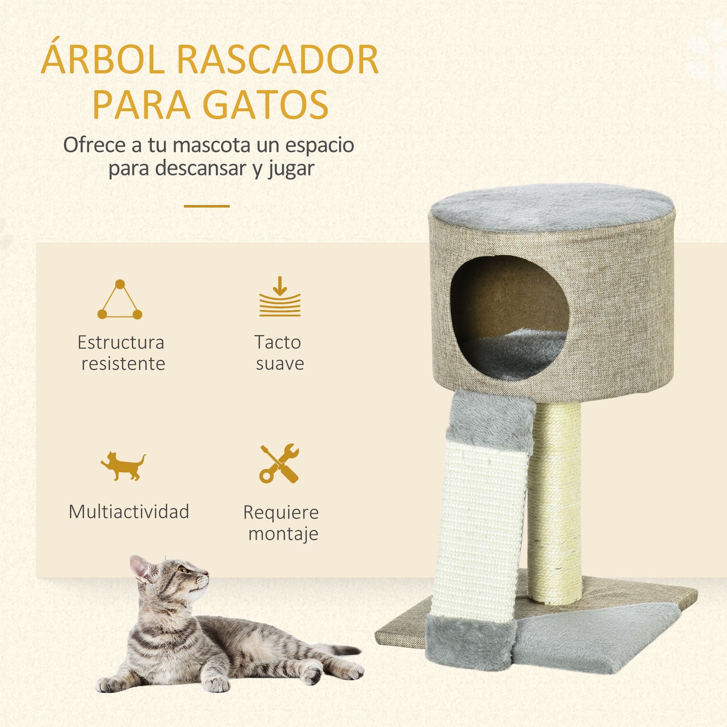 PawHut Árbol Rascador para Gatos Pequeño Altura 50 cm Torre Escalador de Gato con Cueva Rampa Poste Rascador de Sisal Natural y Bola Colgante 30x30x50 cm Beige Oscuro