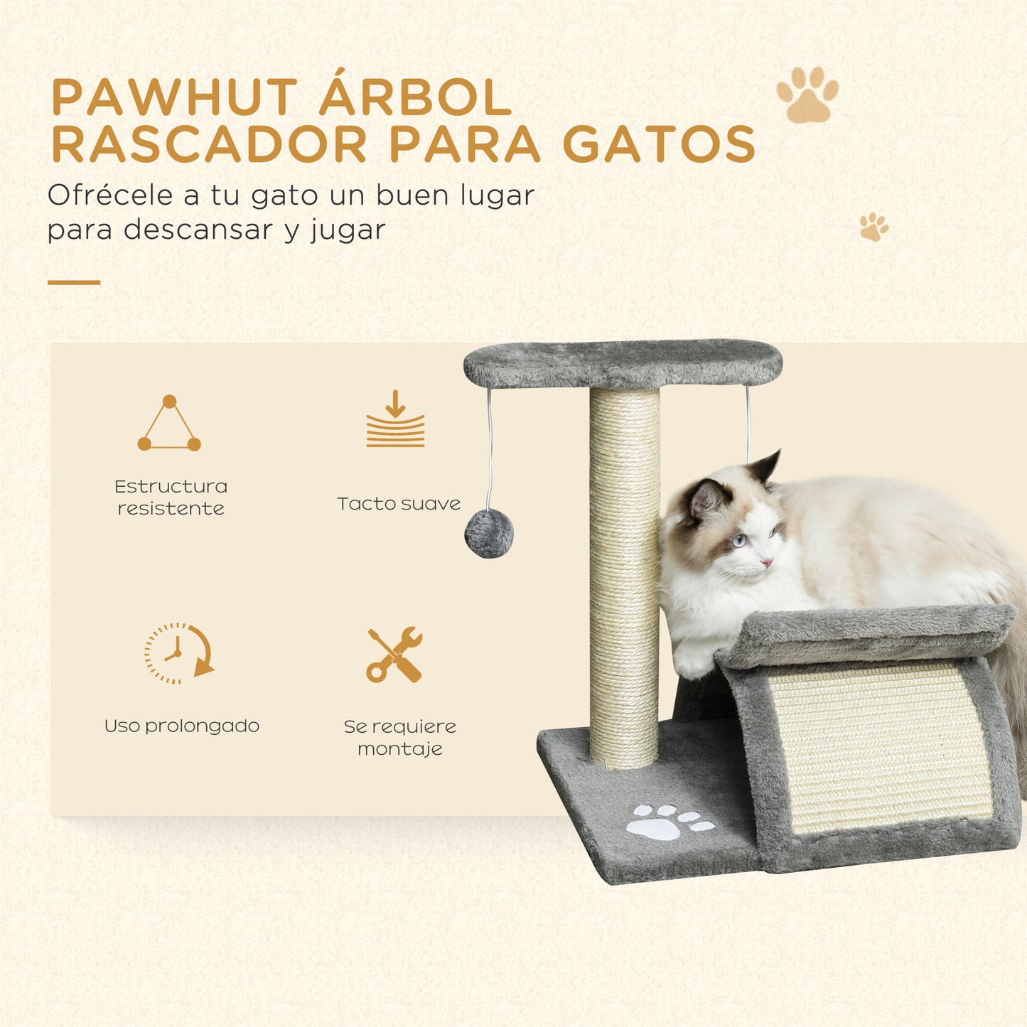 PawHut Árbol Rascador para Gatos Pequeños 43 cm Torre para Gatos con Poste Giratorio con Bolas de Juego Plataforma y Caseta 40x30x43 cm Gris