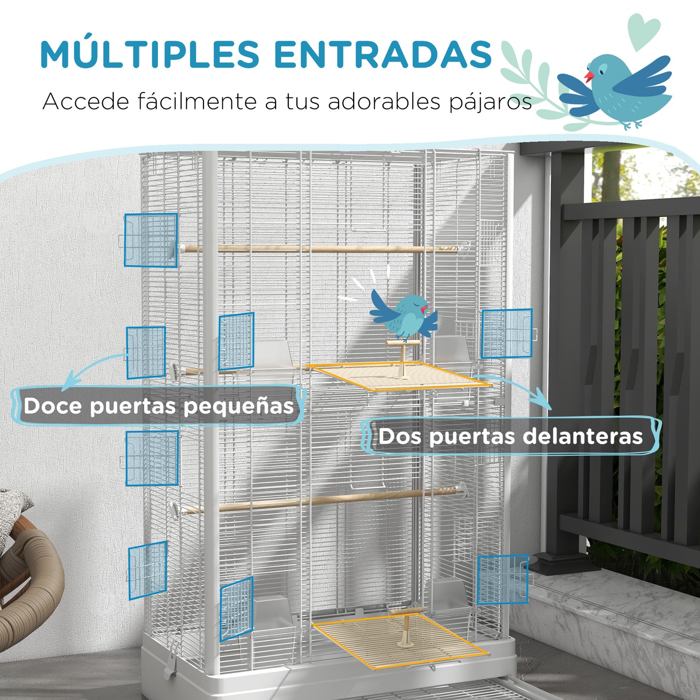 PawHut Jaula para Pájaros 61x36,5x98 cm Pajarera con Puertas Perchas Bandeja Extraíble Cajas de Comidas y Asas Jaula para Ninfas Periquitos Pinzones Canarios Blanco