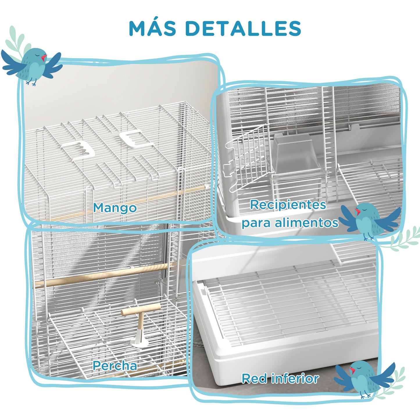 PawHut Jaula para Pájaros 61x36,5x98 cm Pajarera con Puertas Perchas Bandeja Extraíble Cajas de Comidas y Asas Jaula para Ninfas Periquitos Pinzones Canarios Blanco