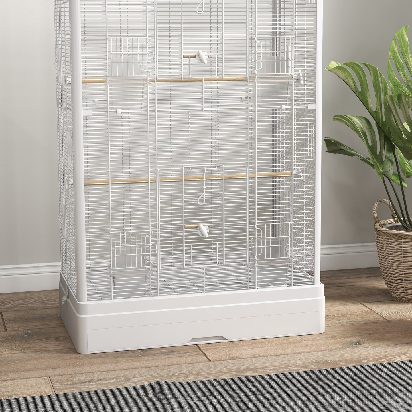 PawHut Jaula para Pájaros 61x36,5x98 cm Pajarera con Puertas Perchas Bandeja Extraíble Cajas de Comidas y Asas Jaula para Ninfas Periquitos Pinzones Canarios Blanco