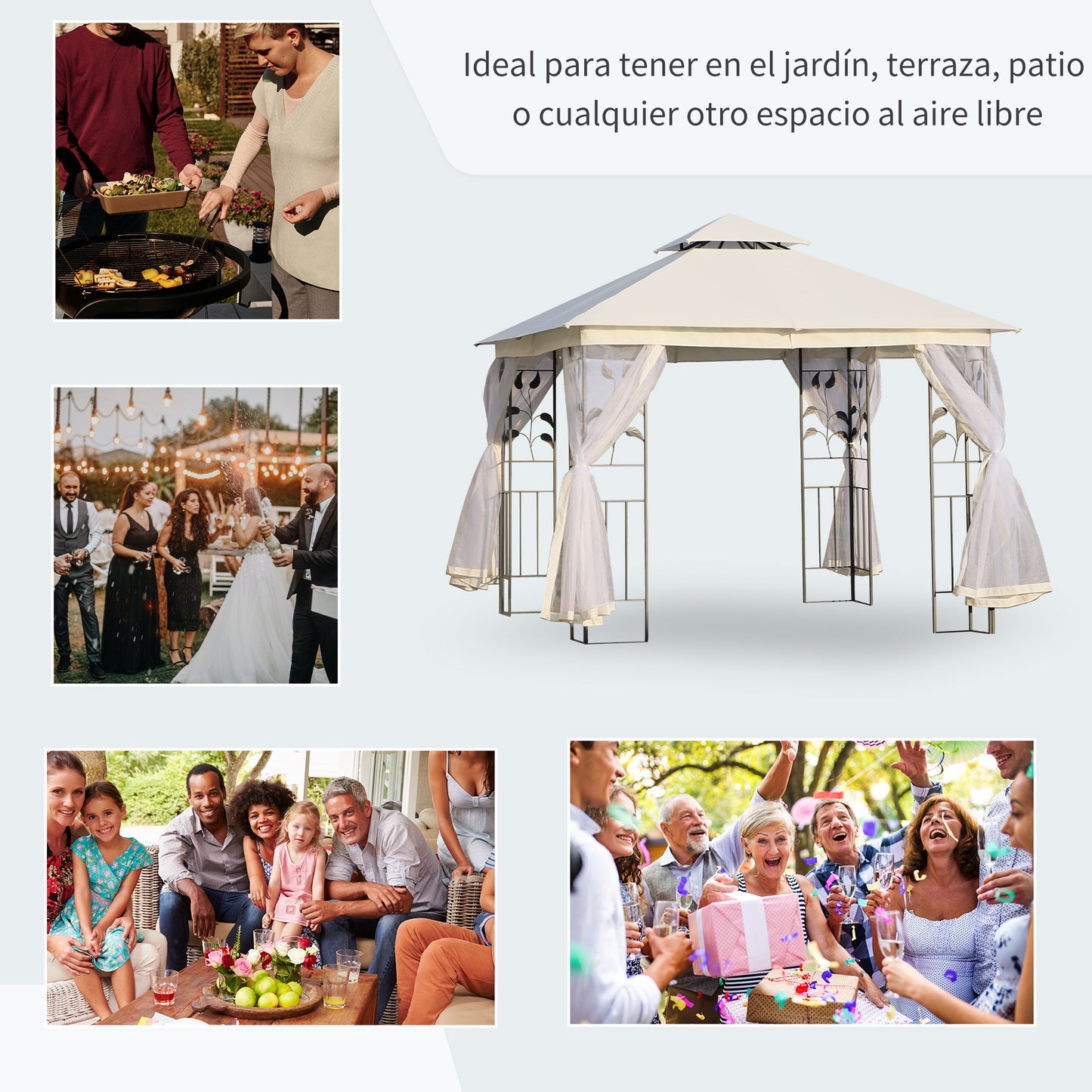 Outsunny Cenador de Jardín 3x3x2,8 m Gazebo Carpas para Exterior Grandes con Doble Techo Mosquiteras y Marco de Acero para Patio Fiesta Blanco