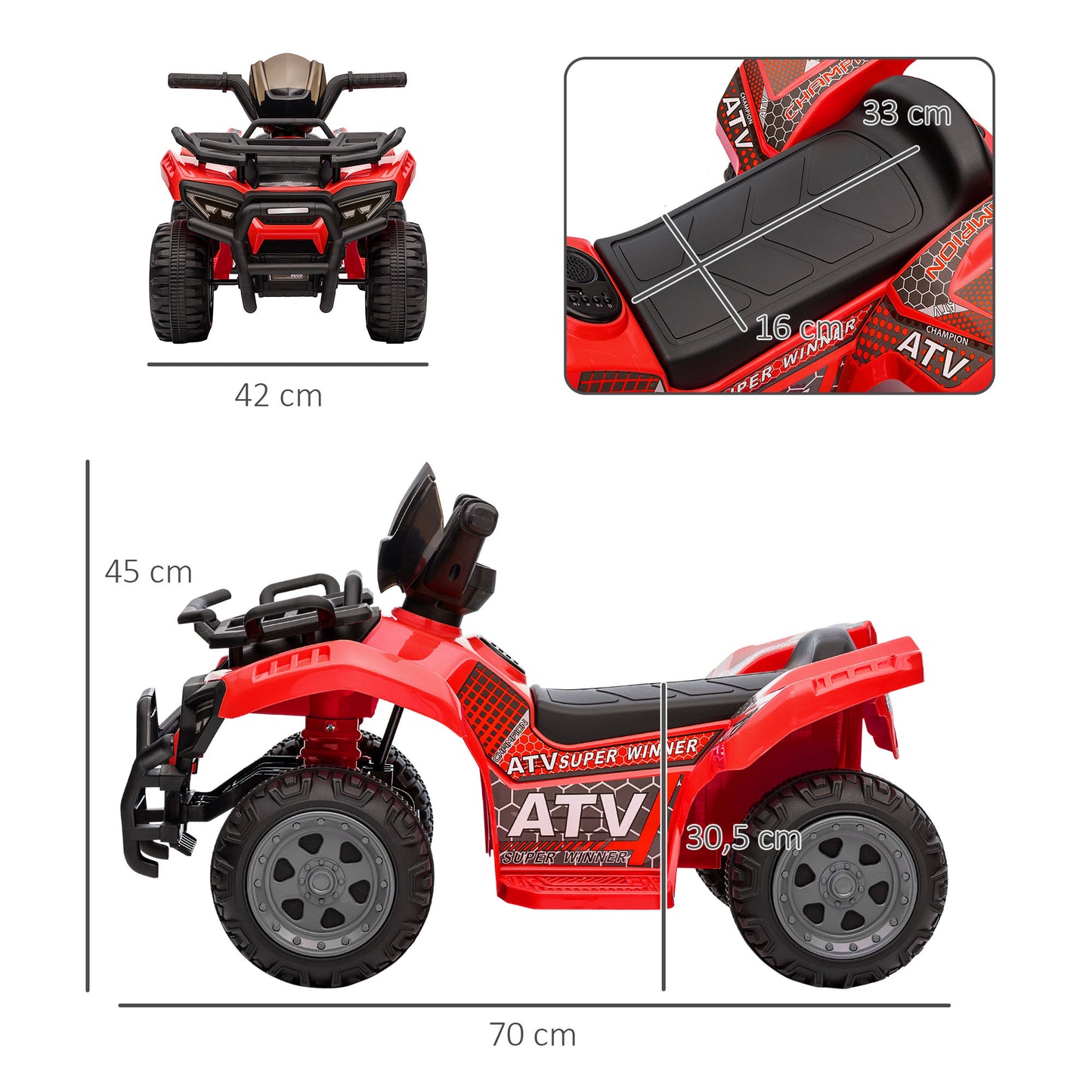 HOMCOM Quad Eléctrico para Niños de +18 Meses Vehículo Eléctrico a Batería 6V Infantil con Velocidad de 2 km/h y Avance 70x42x45 cm Rojo