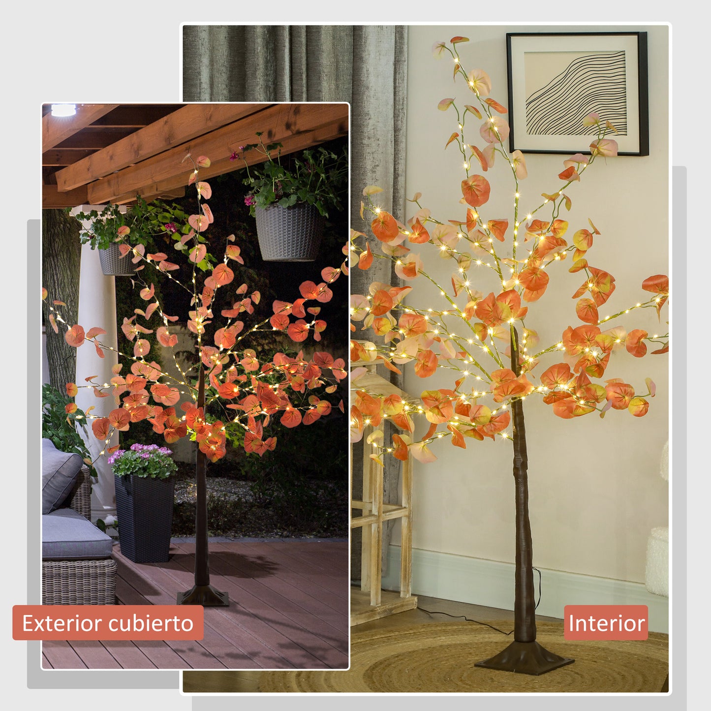 HOMCOM Árbol de Eucalipto Otoñal Artificial 150 cm Lámpara de Árbol con 245 Luces LED y Base Decoración Navidad para Interiores y Exteriores Naranja