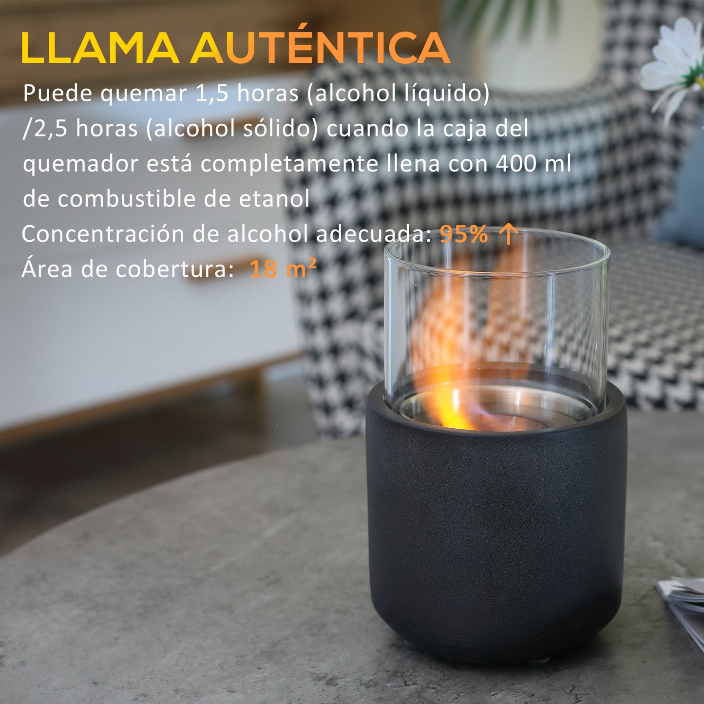 HOMCOM Chimenea Bioetanol Sobremesa Capacidad de 0,4 L Combustión de 2,5h Chimenea de Bioetanol para Interior y Exterior 12x12x19 cm Gris Oscuro