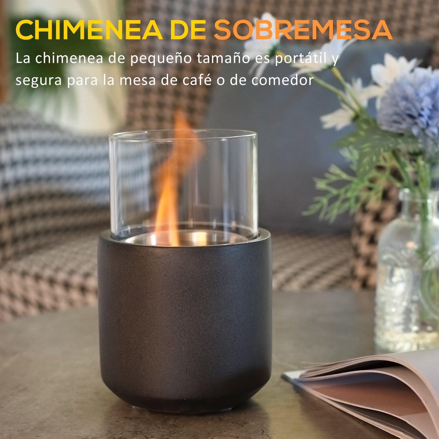 HOMCOM Chimenea Bioetanol Sobremesa Capacidad de 0,4 L Combustión de 2,5h Chimenea de Bioetanol para Interior y Exterior 12x12x19 cm Gris Oscuro