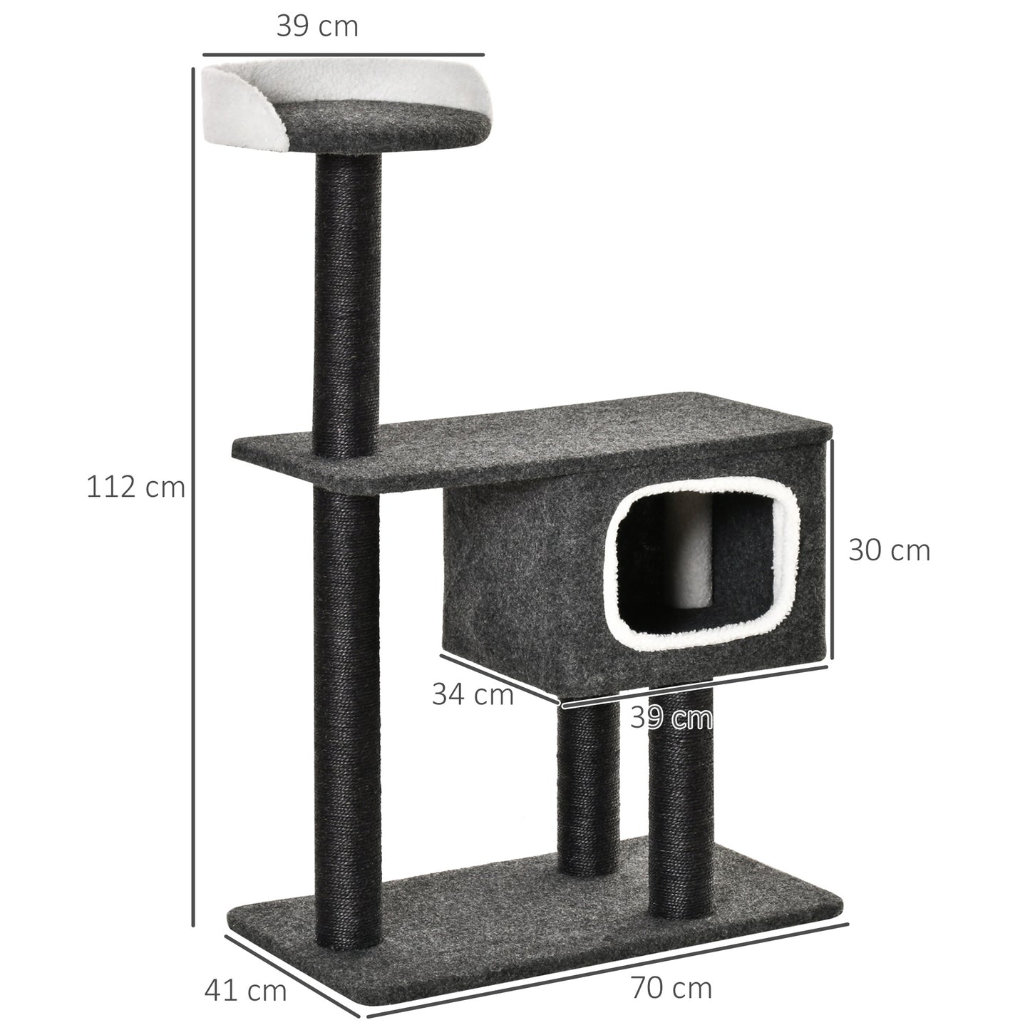 PawHut Árbol para Gatos 70x41x112 cm Torre Escalador para Gatos con Cueva Plataforma y Postes Rascadores de Sisal para Arañar Gris Oscuro