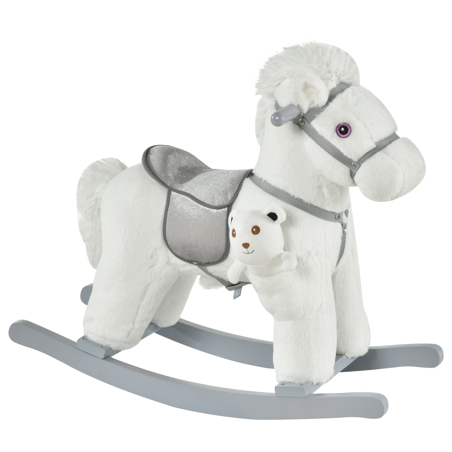 HOMCOM Caballito Balancín con Felpa con Osito de Peluche para Niños 18-36 Meses Caballo Mecedora Sonidos de Relincho y Galope Base de Madera Asiento 35 cm Carga 30 kg 65x26x55 cm Blanco