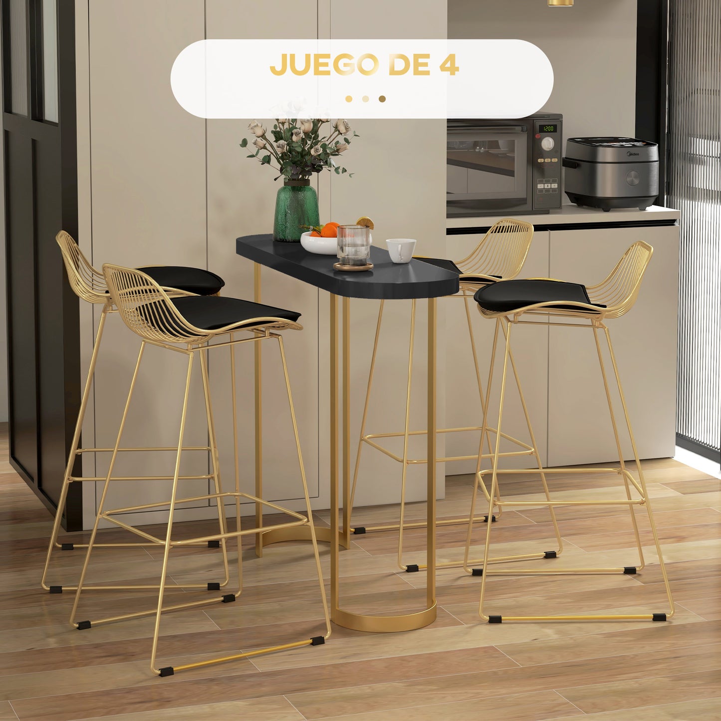 HOMCOM Conjunto de 4 Taburetes de Bar Taburetes Altos de Cocina con Cojín de Terciopelo Respaldo y Reposapiés Estilo Moderno Carga 120 kg para Comedor Sala 46,5x48x93 cm Dorado