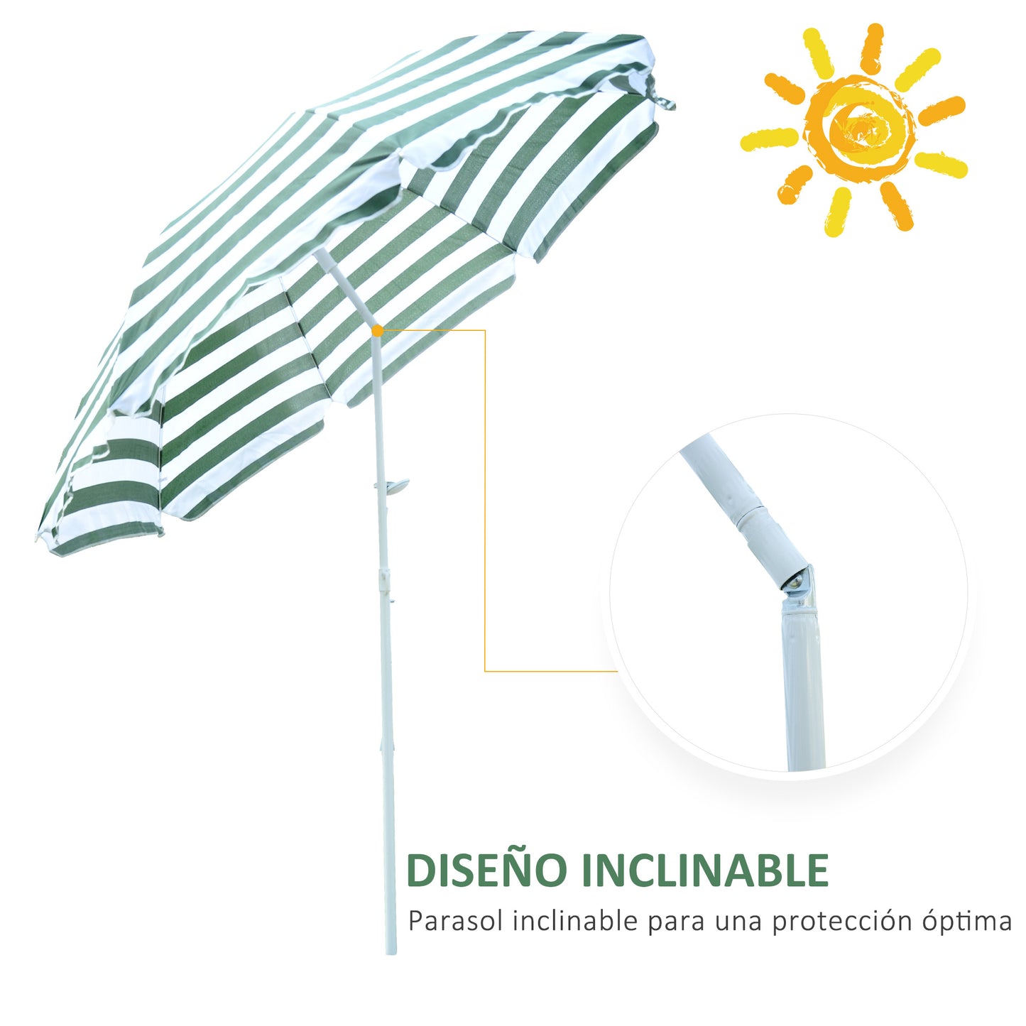 Outsunny Sombrilla de Playa Ø180 cm con Techo Inclinable y Poste de Metal Protección Solar para Jardín Terraza Exterior Rayas Verde y Blanco