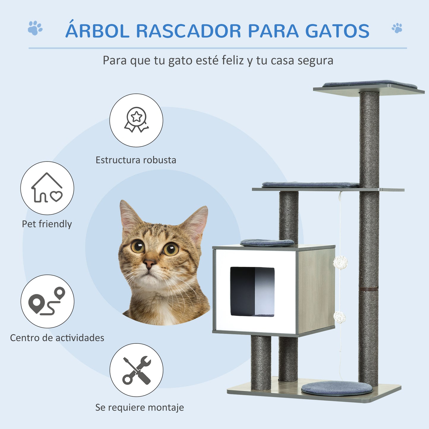 PawHut Árbol Rascador para Gatos de Madera 71,5x49,5x120 cm Torre de Gato con Cueva Plataformas Postes Rascadores de Sisal Cojines de Felpa Suave y Bolas Colgantes Gris