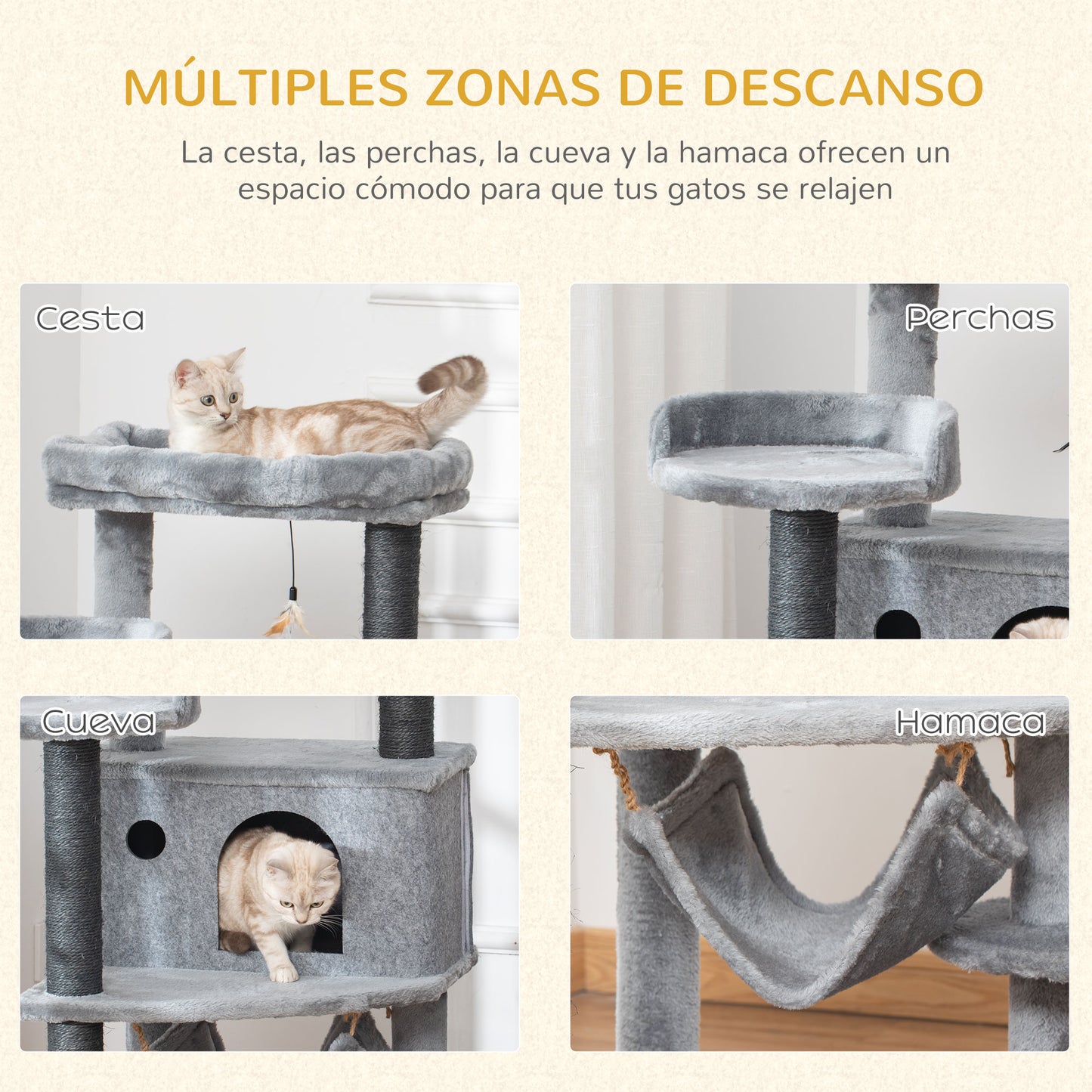 PawHut Árbol Rascador para Gatos 48x48x107 cm Torre para Gatos con Cueva de Fieltro Desmontable Hamaca Camas de Felpa Múltiples Plataformas Postes de Sisal y Juguetes Gris