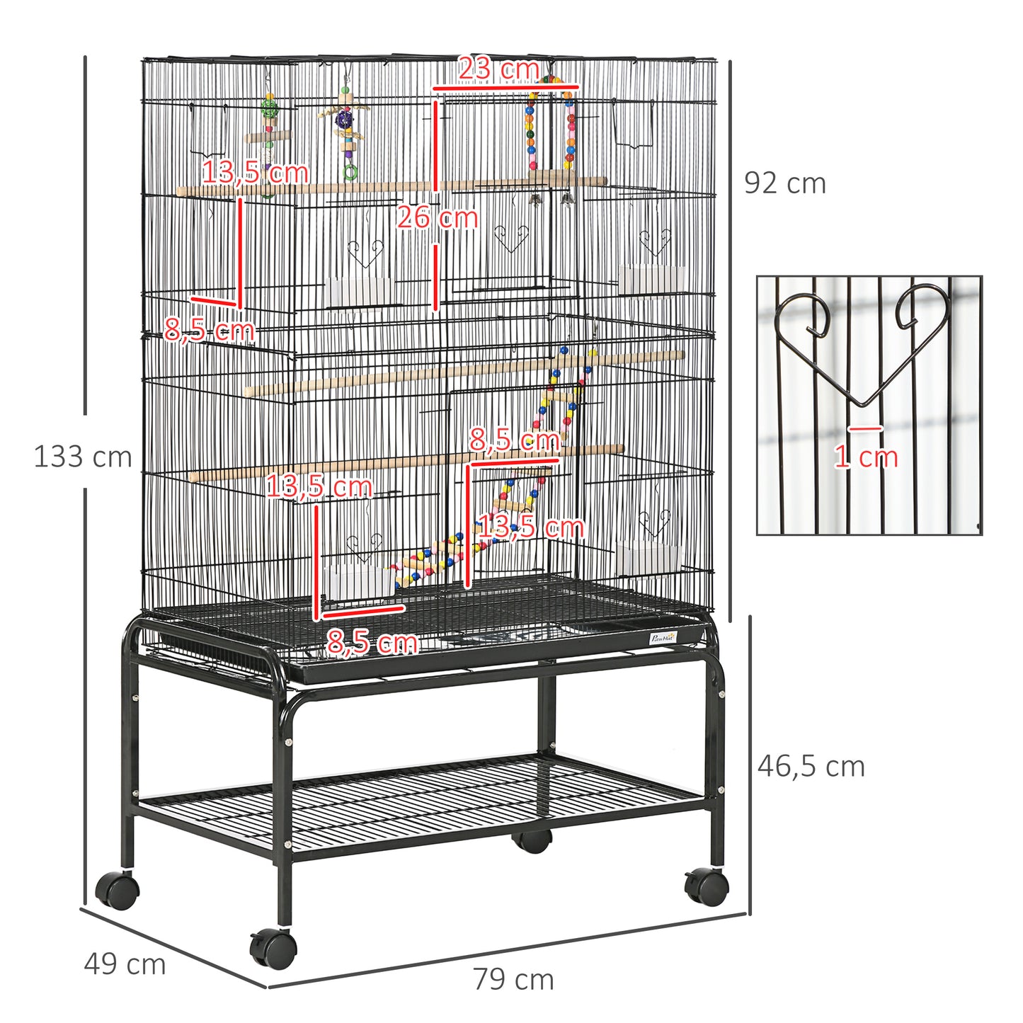 PawHut Jaula para Pájaros con Ruedas 79x49x133 cm Pajarera Metálico Jaula Grande con Soporte con 4 Comederos 3 Perchas Juguetes Bandeja Extraíble Estante para Canarios Periquitos Negro