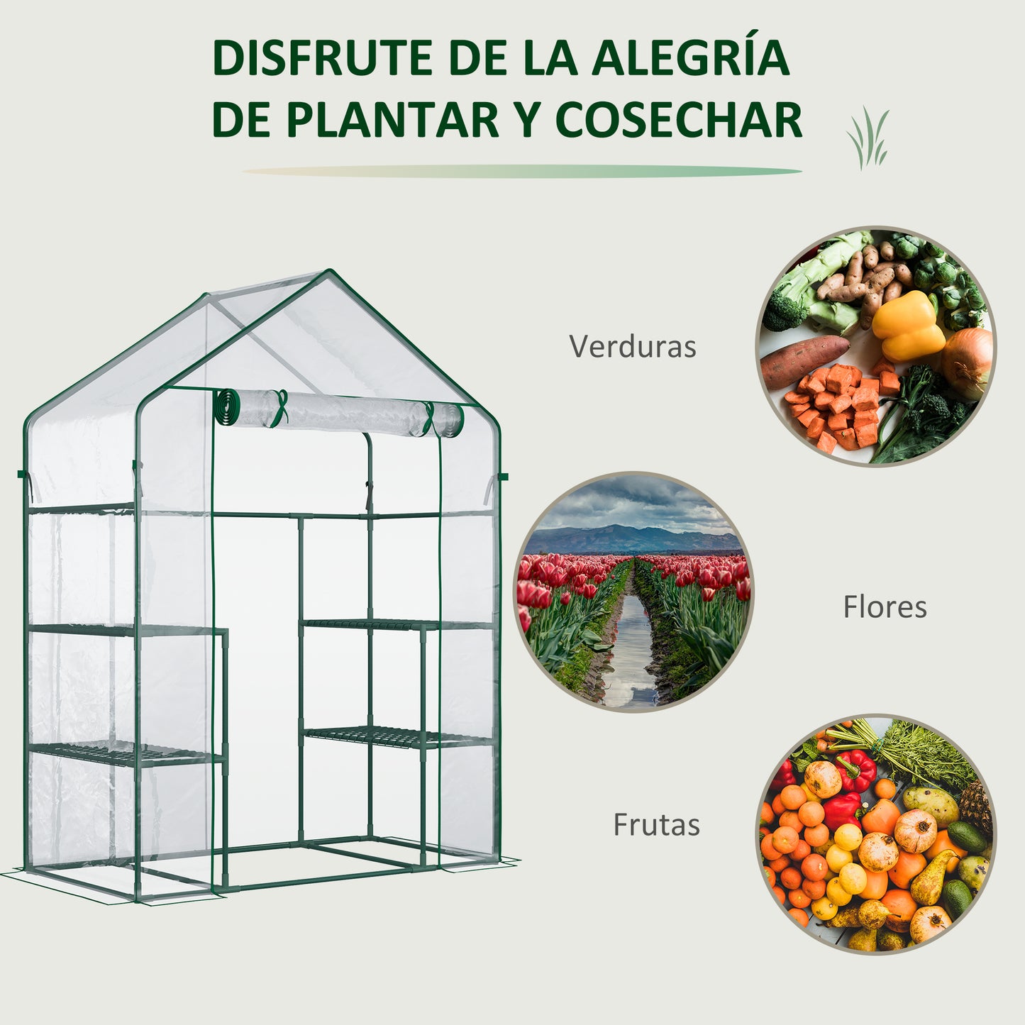 Outsunny Invernadero de Jardín Invernadero de Terraza con 4 Estantes 1 Puerta con Cremallera para Cultivo de Plantas Flores Verduras 142x73x195 cm Verde