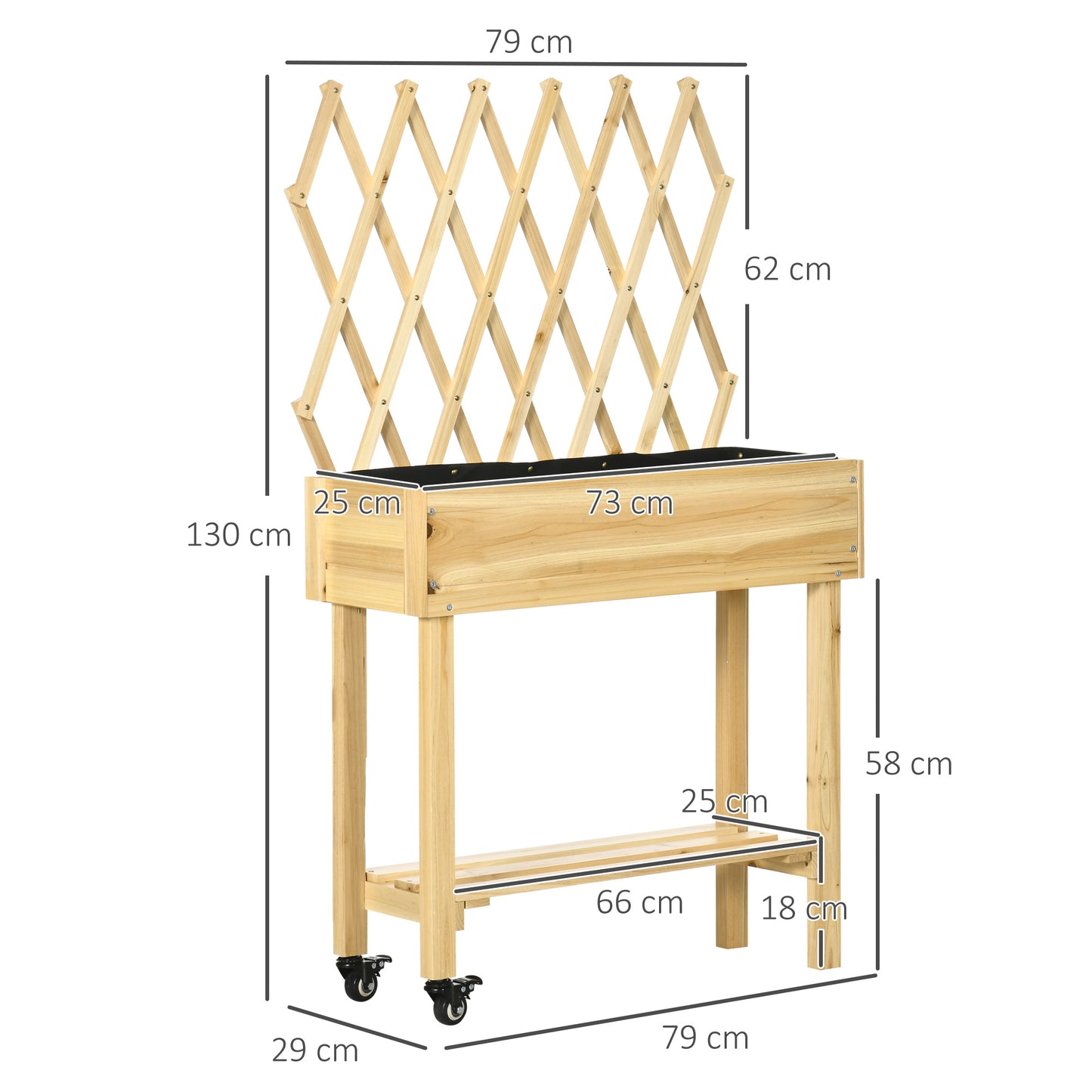 Outsunny Huerto Urbano Elevado de Madera con Ruedas Mesa de Cultivo con Enrejado Cama de Jardín Elevado con Tela no Tejida y Orificio de Drenaje para Plantas Flores 79x29x130 cm Natural