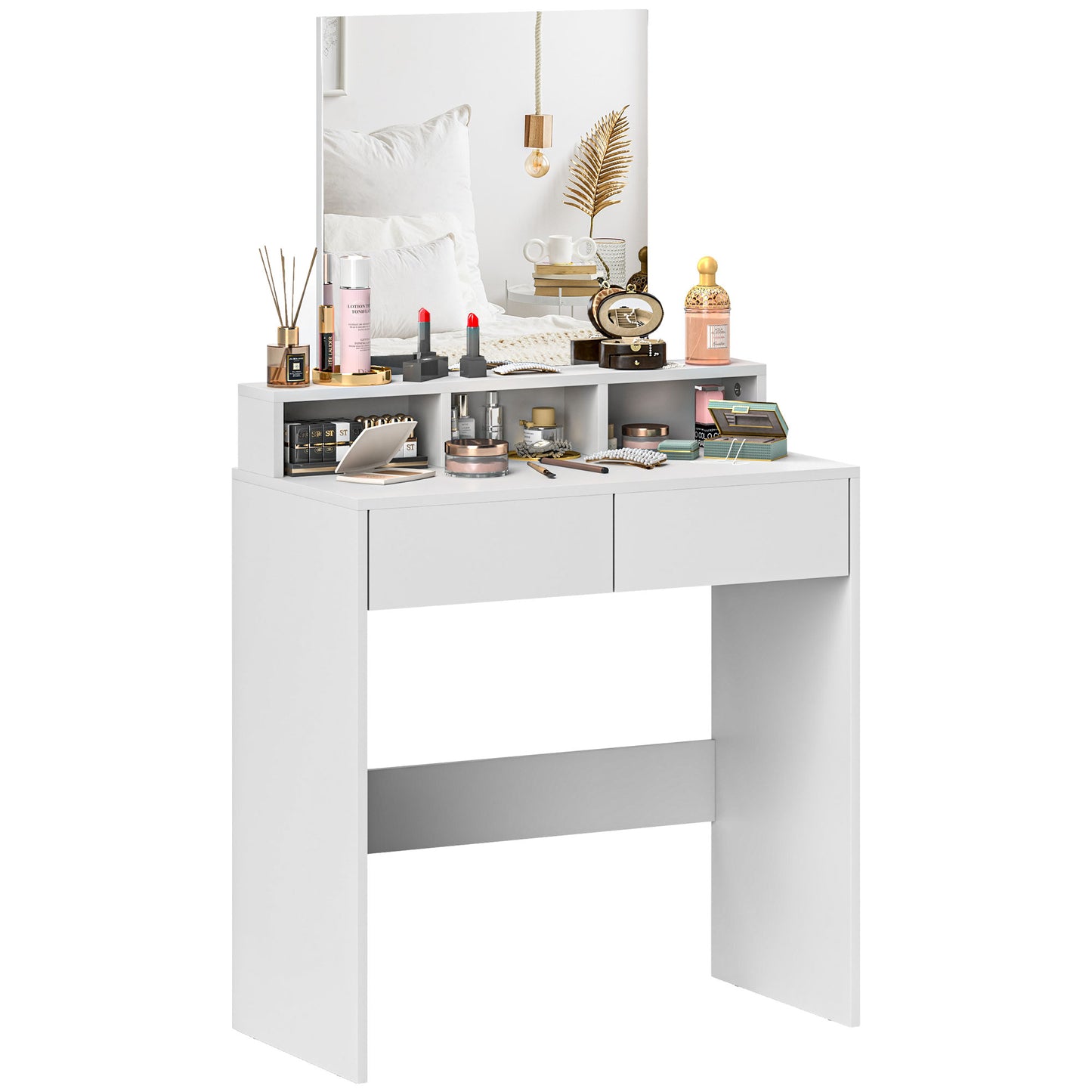 HOMCOM Tocador de Maquillaje con Espejo Mesa de Maquillaje con 2 Cajones 3 Compartimentos Tocador para Dormitorio 75x38x135 cm Blanco