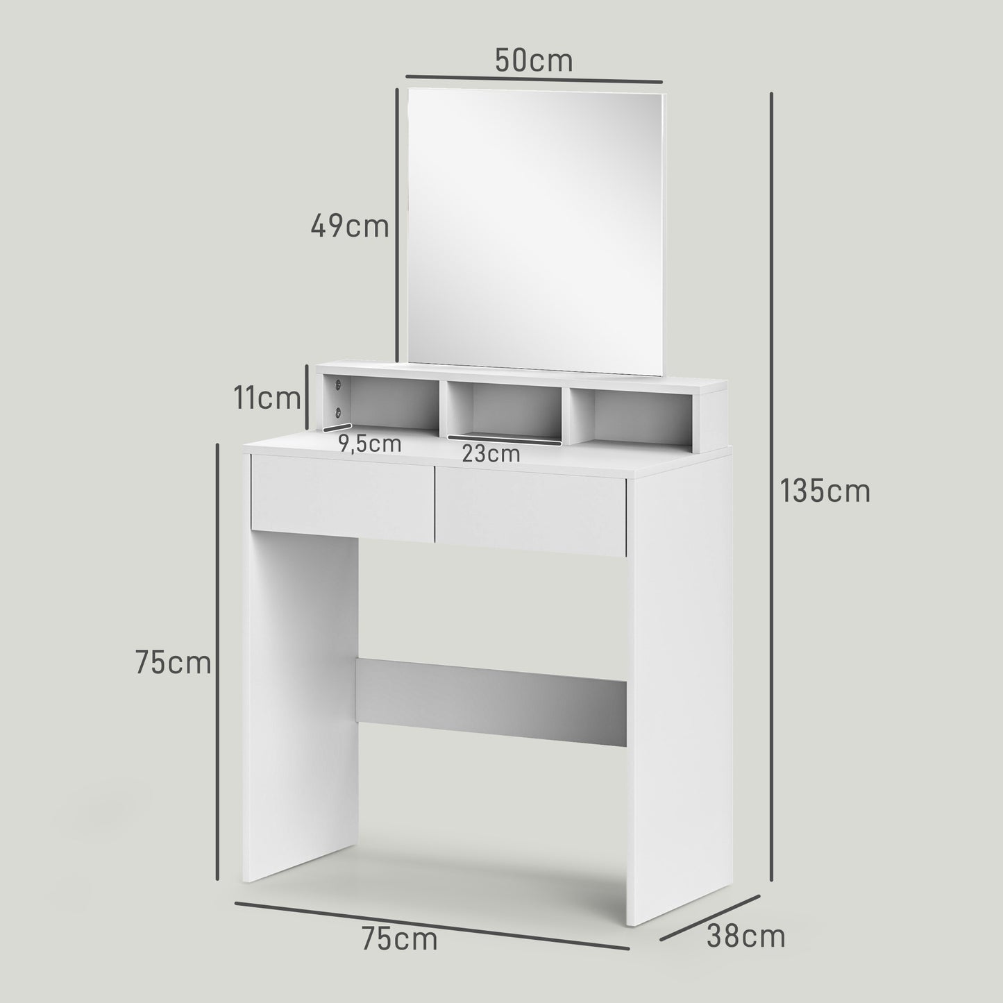 HOMCOM Tocador de Maquillaje con Espejo Mesa de Maquillaje con 2 Cajones 3 Compartimentos Tocador para Dormitorio 75x38x135 cm Blanco